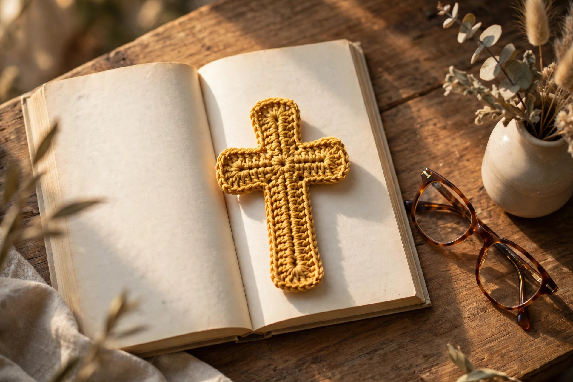 Mustard yellow crochet cross bookmark styled in an open book on a wooden table with reading glasses — handmade faith gift idea