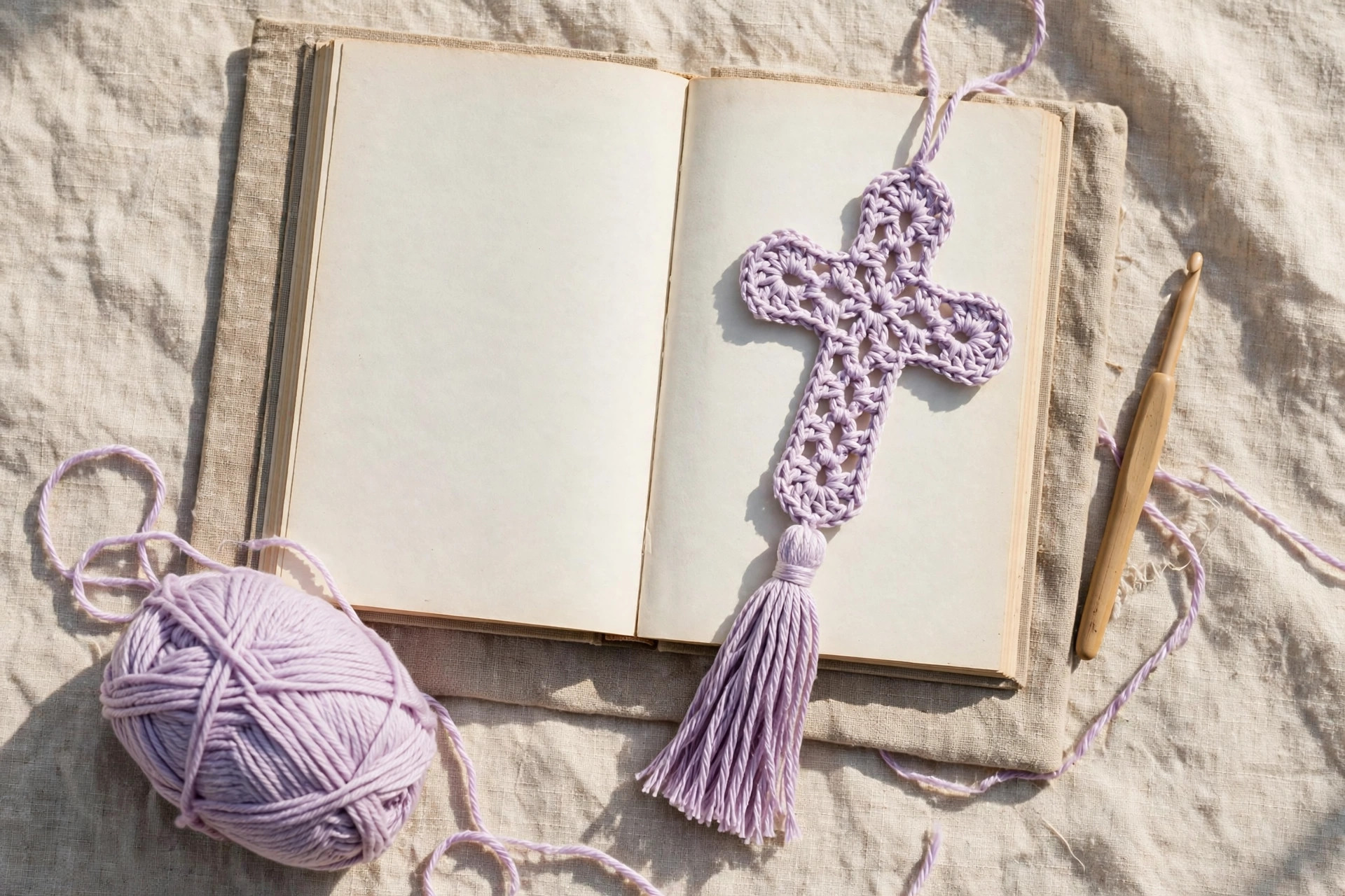 Lavender crochet cross bookmark flat lay with cotton yarn and hook on linen beside an open book — easy crochet bookmark pattern