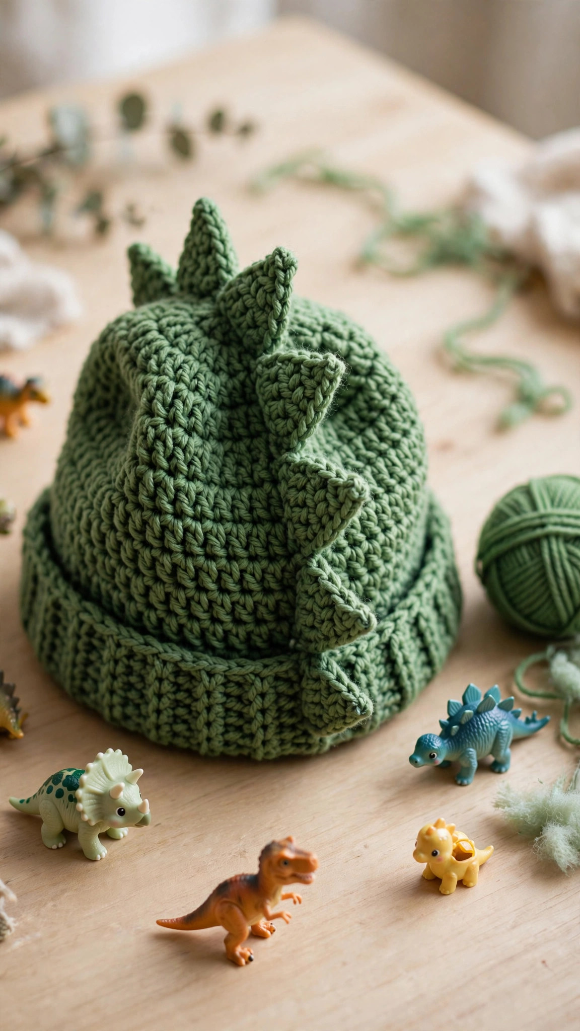 Green crochet dinosaur hat styled with small dinosaur toys and yarn — crochet dinosaur hat pattern