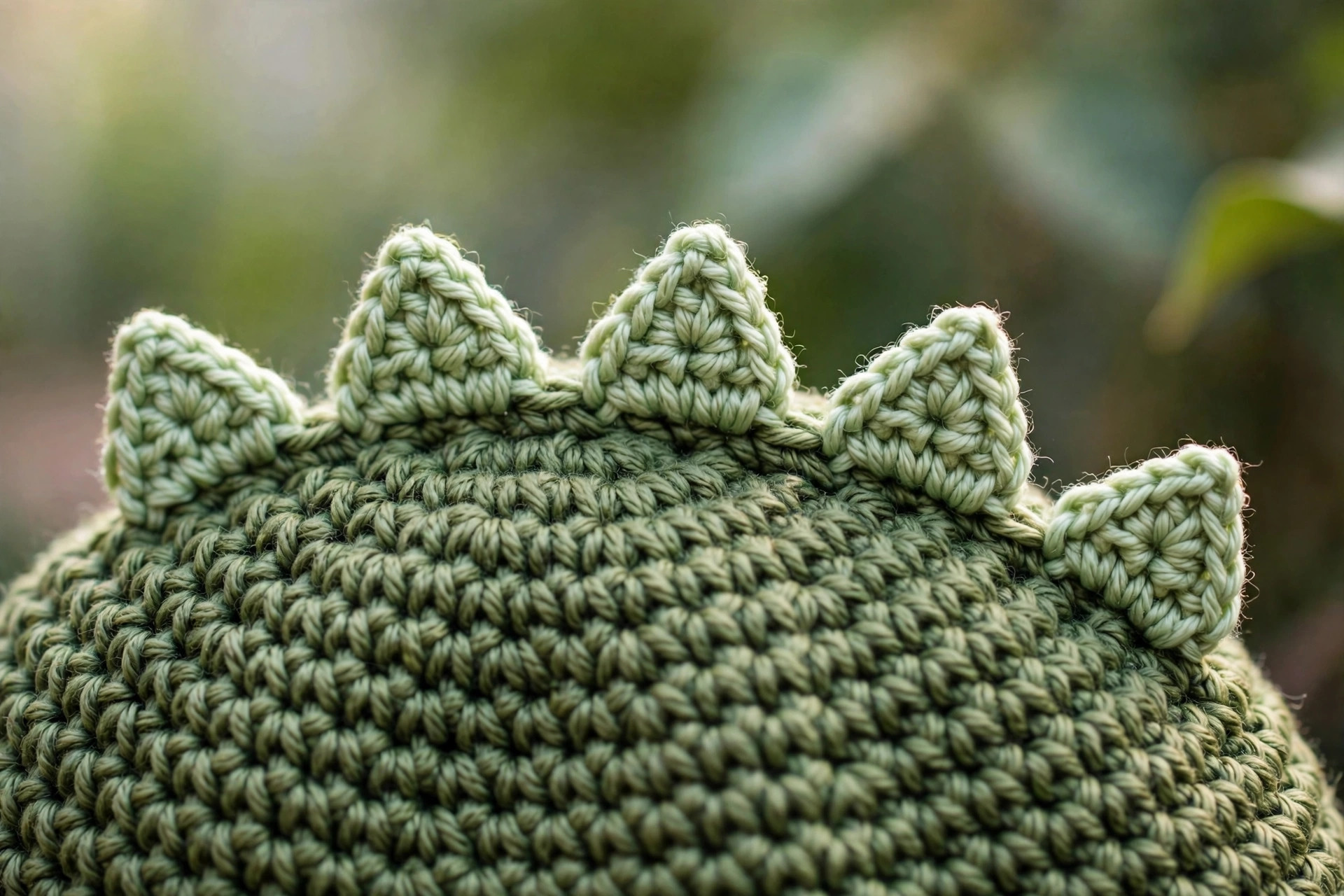 Close-up of triangular crochet spikes sewn along the crown of a green dino beanie