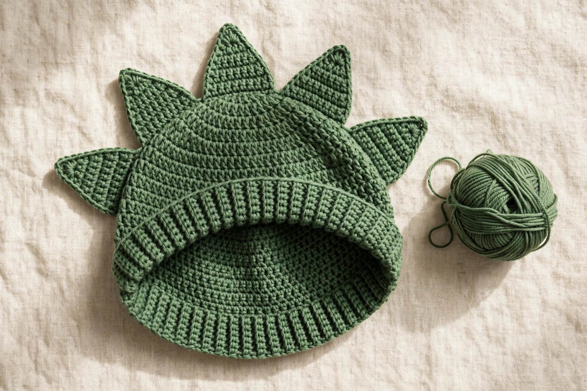 Green crochet dinosaur beanie laid flat showing round crown shape and ribbed brim
