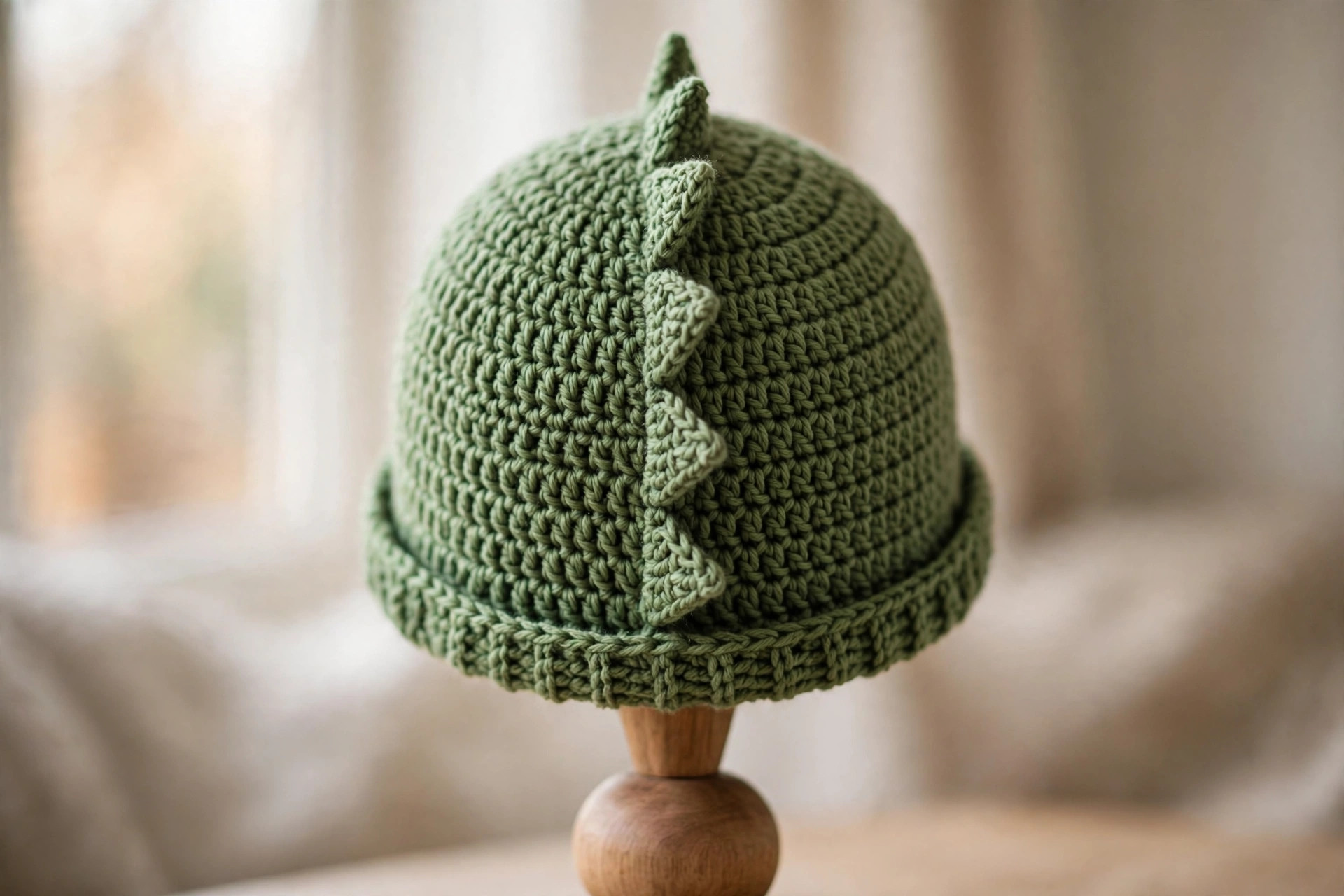 Back view of crochet dinosaur hat showing the row of triangular spikes running down the center