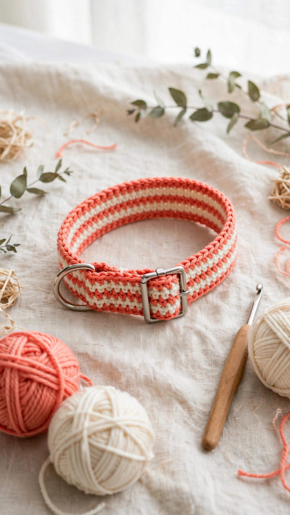 Handmade crochet dog collar in coral and cream stripes with buckle and D-ring styled with yarn and hook — crochet dog collar pattern