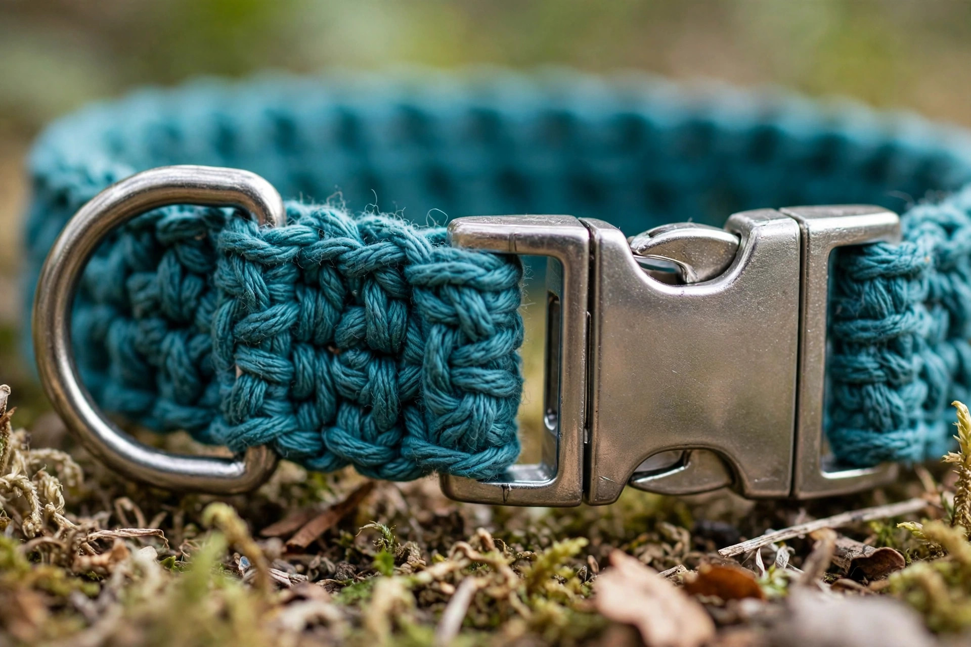 Close-up of crochet dog collar buckle and welded D-ring hardware fitted to a teal cotton band