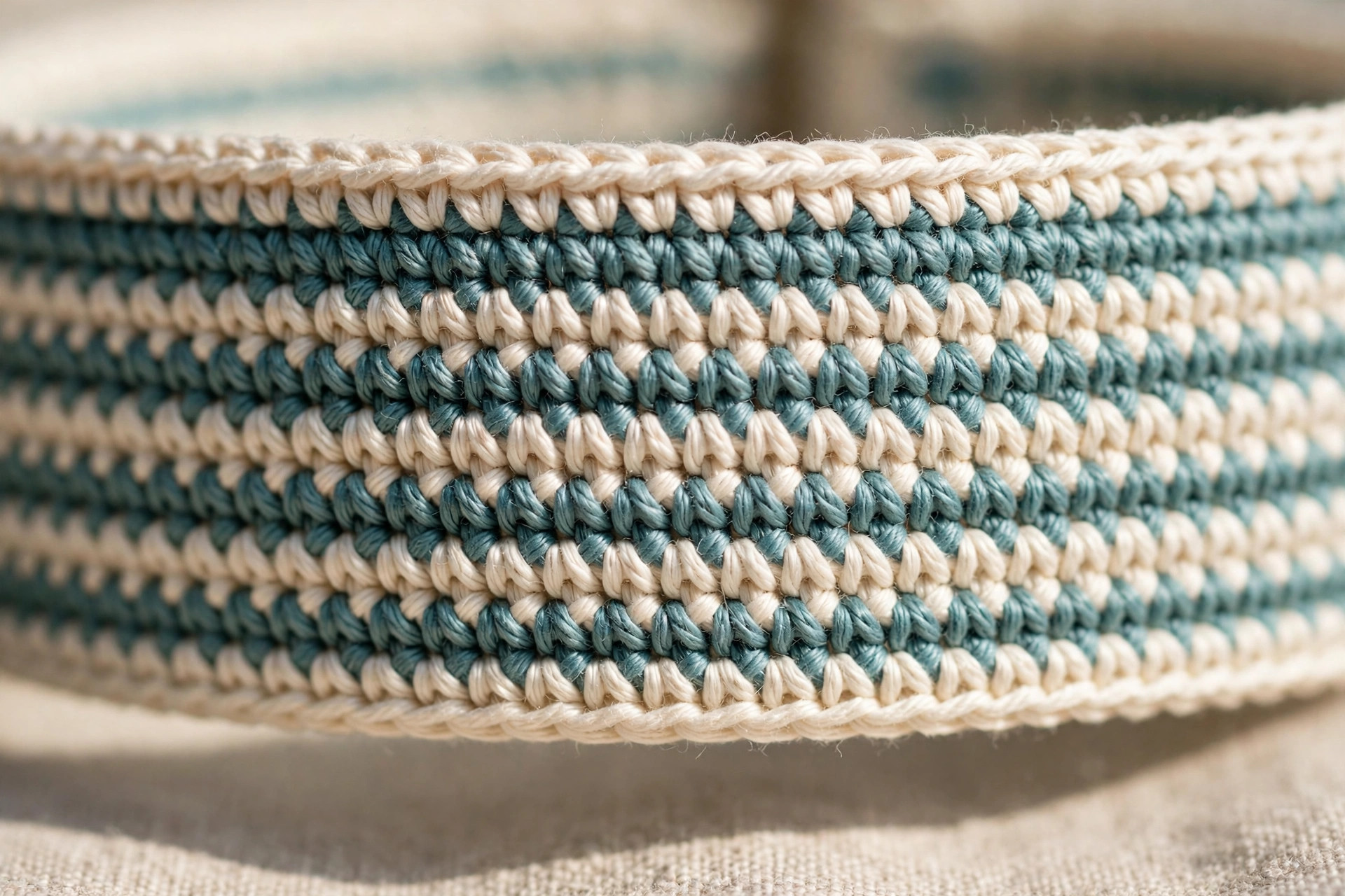 Close-up of tight single crochet stitch texture on a handmade cotton dog collar band