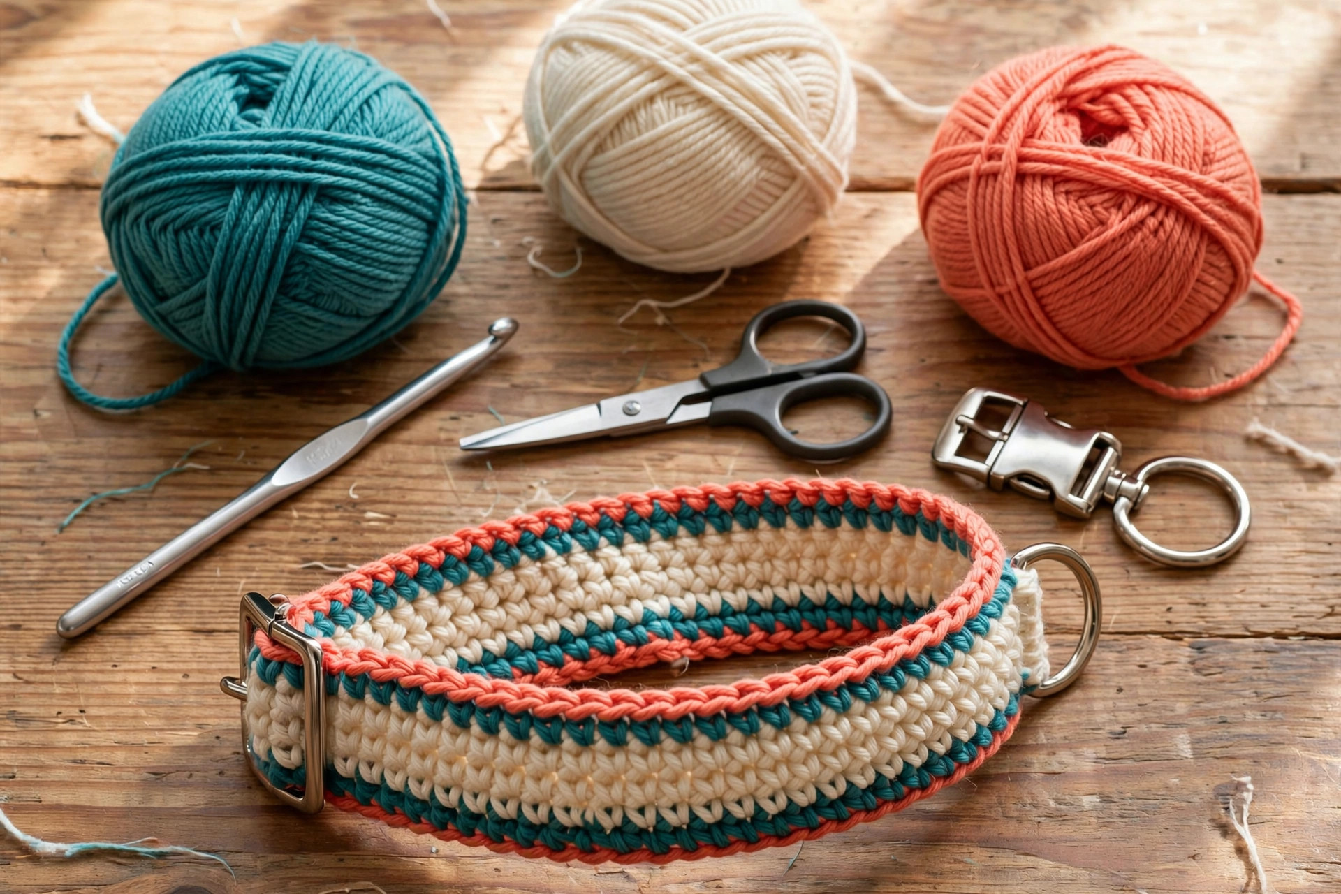 Flat lay of crochet dog collar supplies — cotton yarn, crochet hook, buckle, D-ring and finished collar