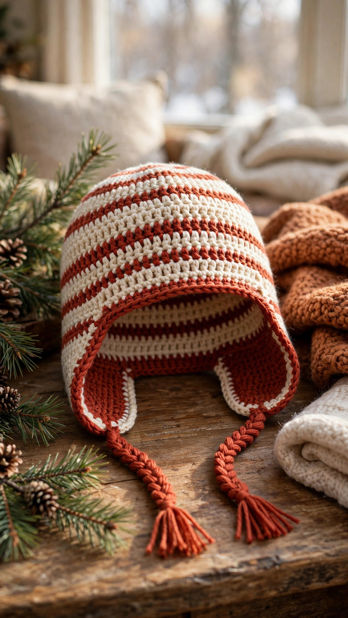 Crochet earflap hat free pattern — cream and rust hat with braided ties in a cozy winter setting