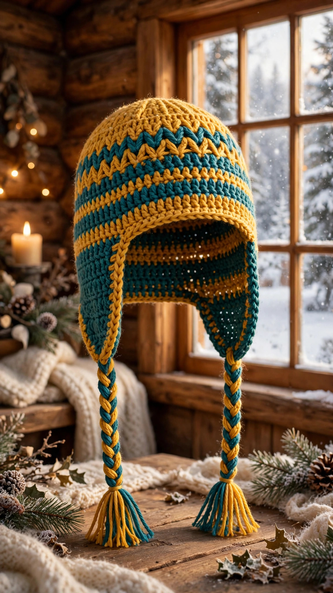 Mustard and teal crochet earflap hat with braided ties against a cozy winter cabin background