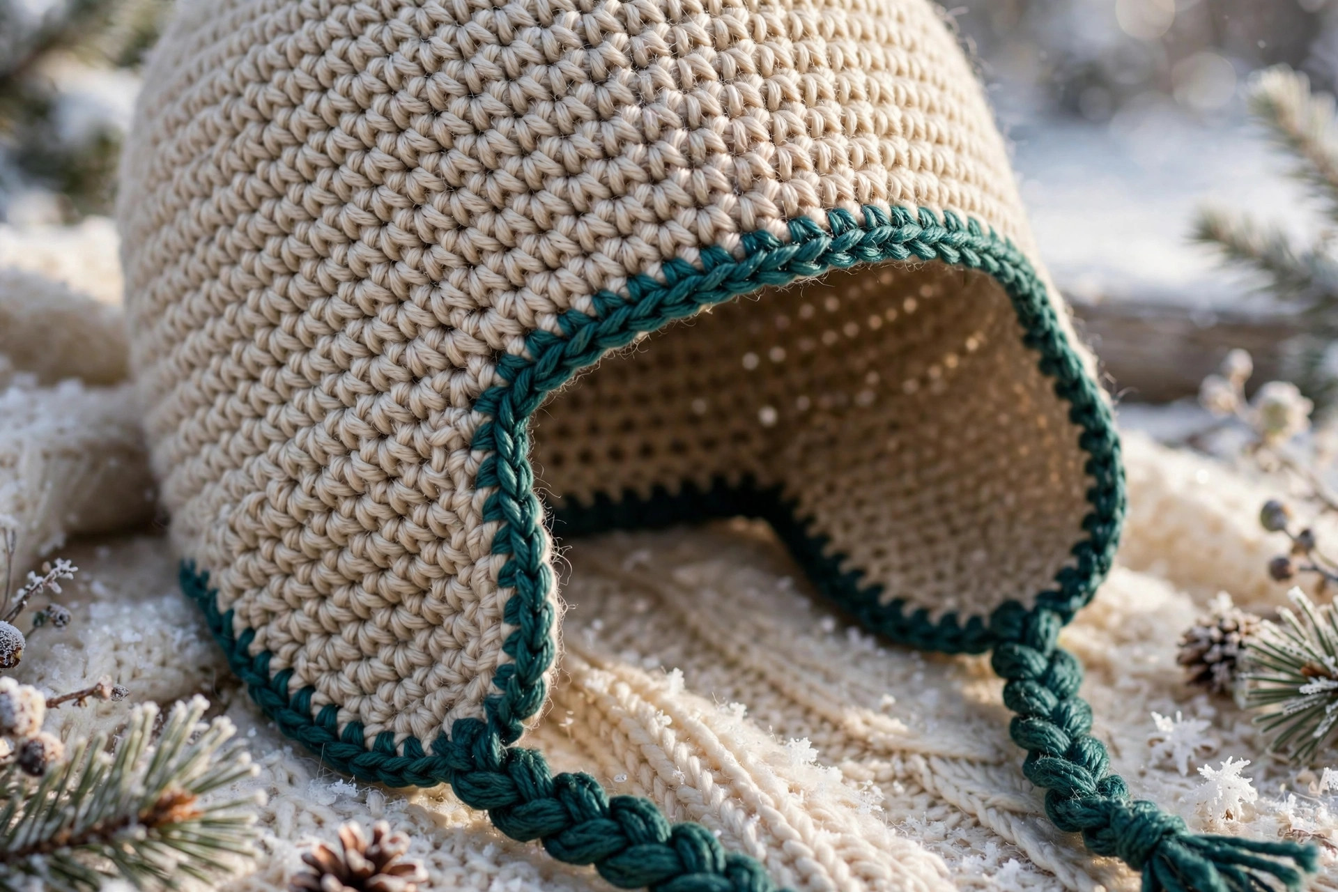 Close-up of crochet earflap hat stitches showing shaped earflap with contrasting edging and braided tie