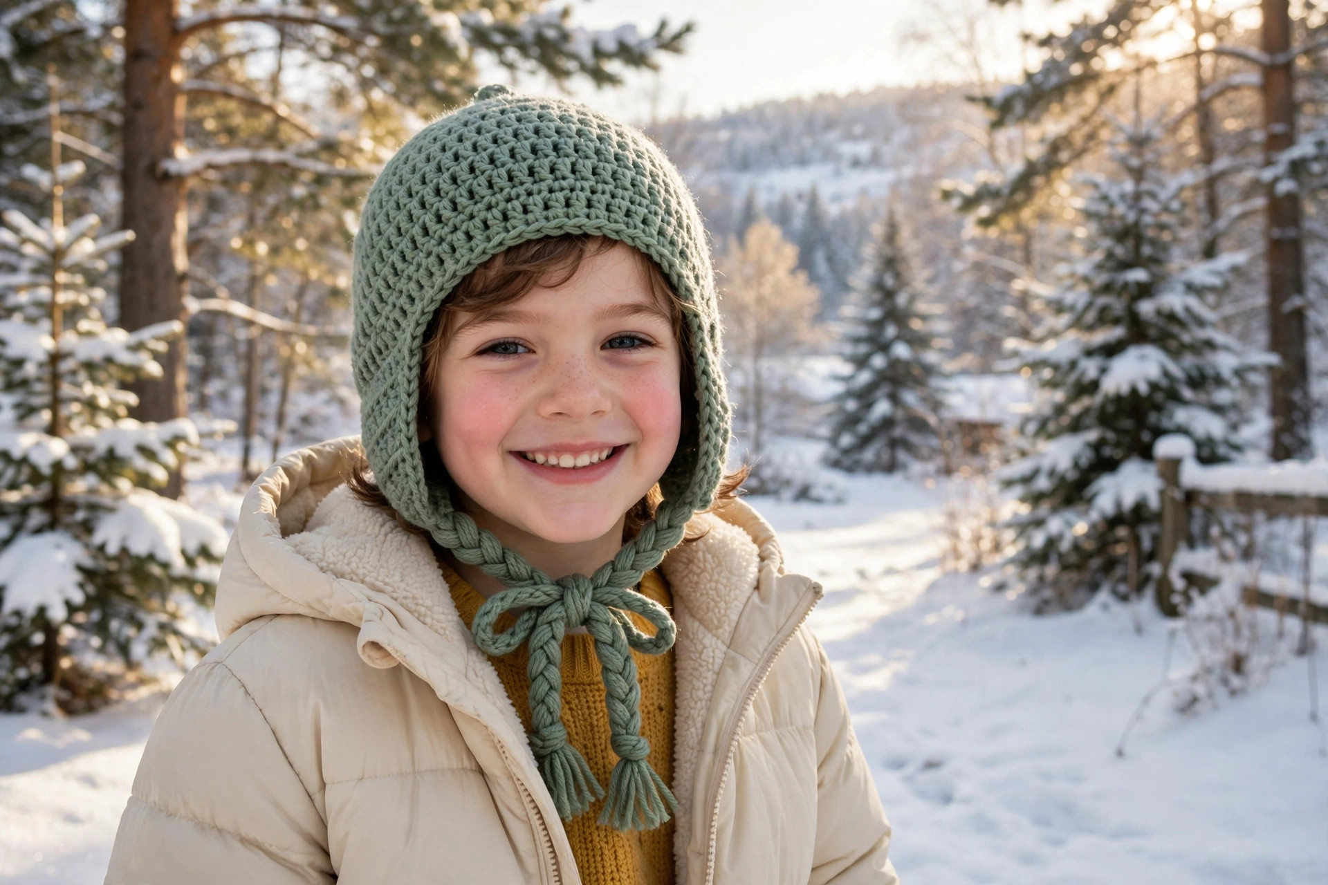 Child wearing a sage green crochet earflap hat with braided ties outdoors in the snow