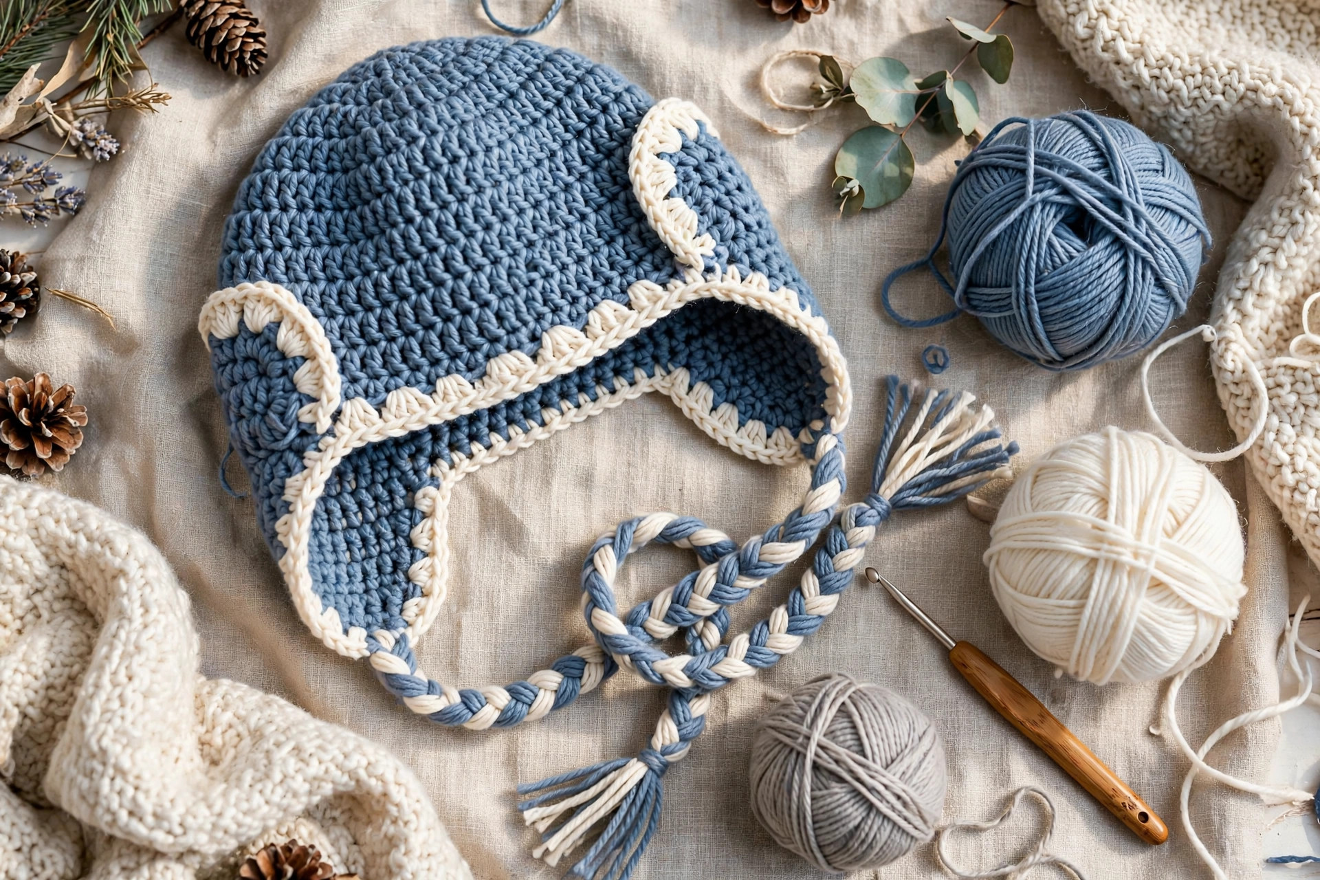 Flat lay of a blue crochet earflap hat with cream edging, yarn balls and crochet hook on linen fabric