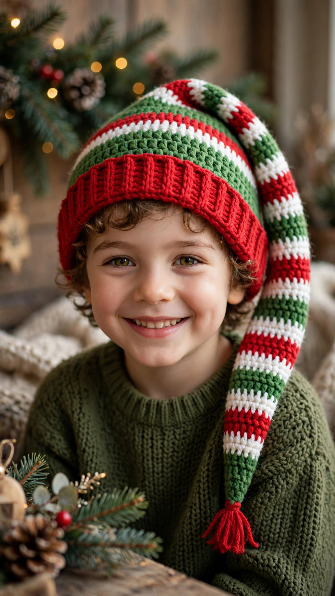 Smiling child wearing a long-tail green crochet elf hat with red and white stripes and a red ribbed brim at Christmas