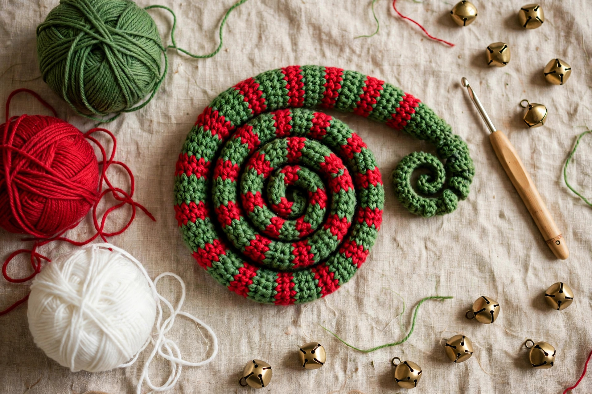 Flat lay of a finished green and red crochet elf hat coiled on a table with green, red and white yarn balls, a crochet hook and jingle bells