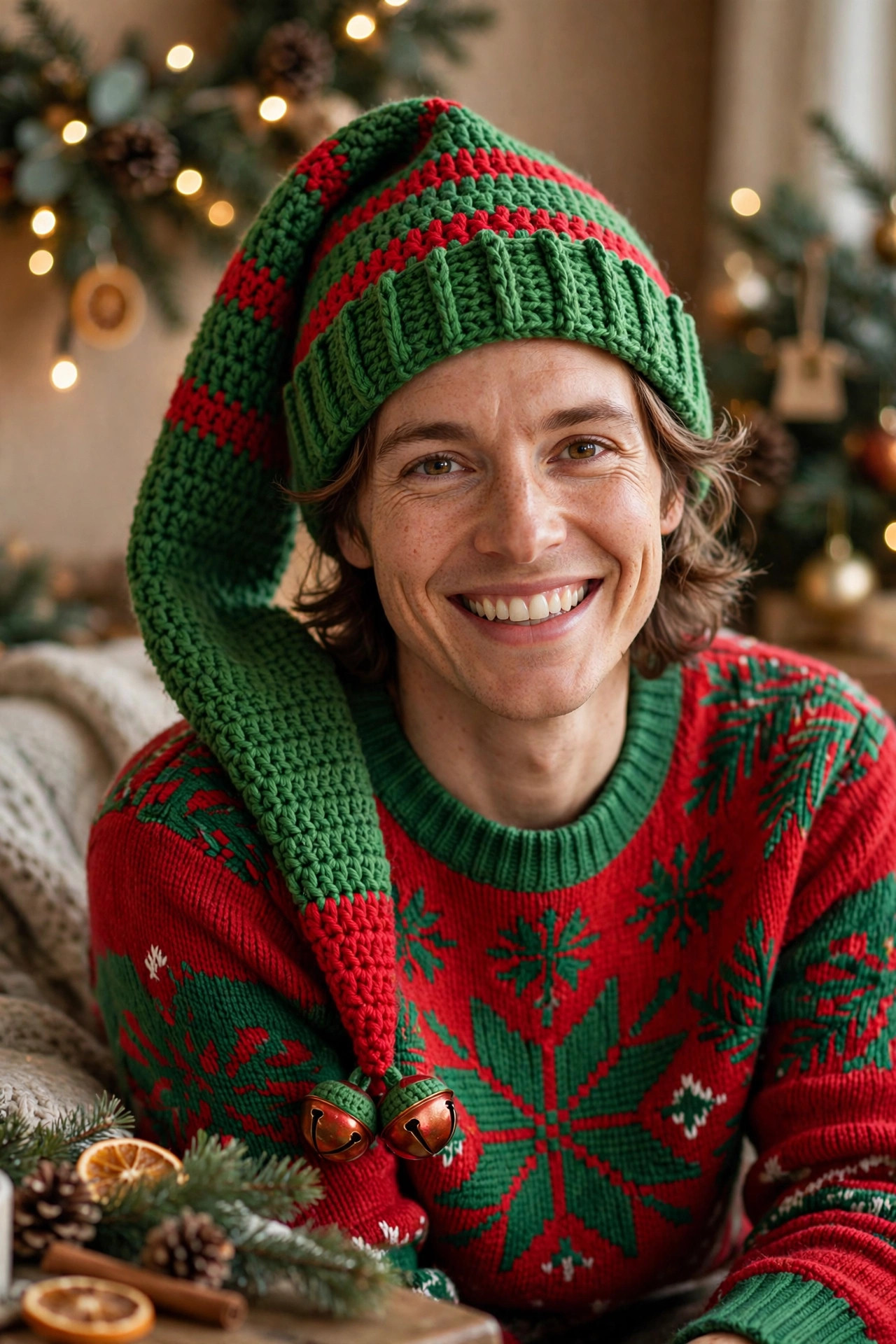 Cheerful adult wearing a long-tail green and red crochet elf hat with a Christmas jumper