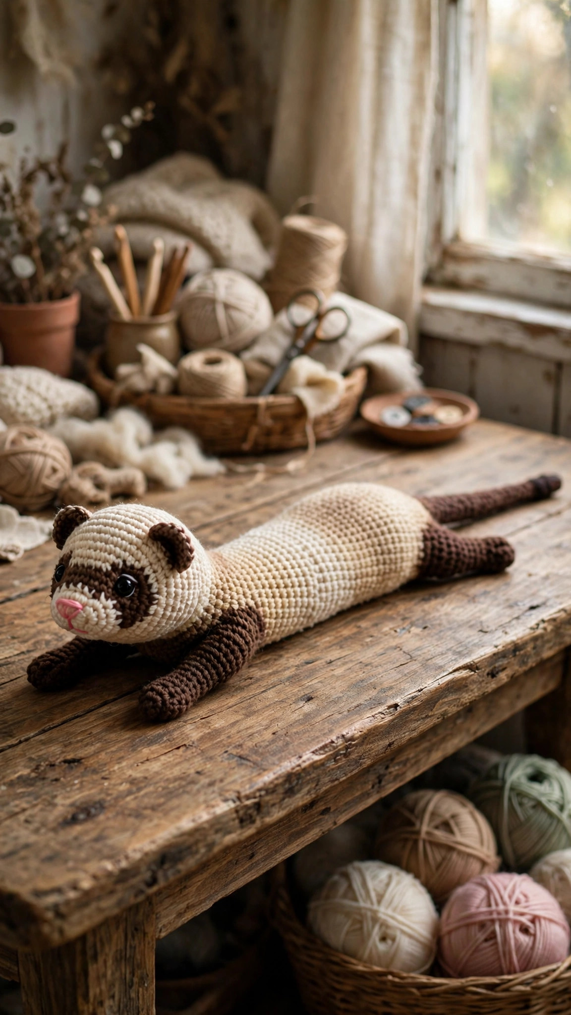Crochet ferret free pattern — long cream and tan amigurumi ferret plush with dark brown legs, ears, mask and tail tip stretched out on a wooden table