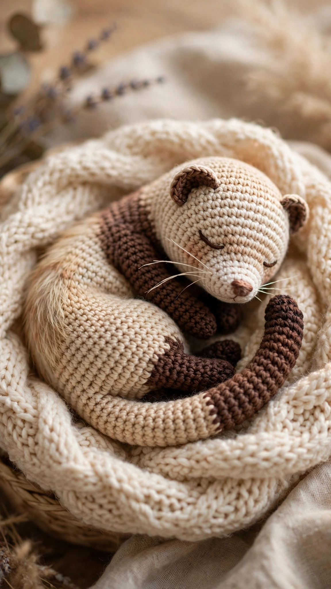 Crochet ferret plush curled up asleep in a circle on a soft knitted blanket in cream and tan yarn