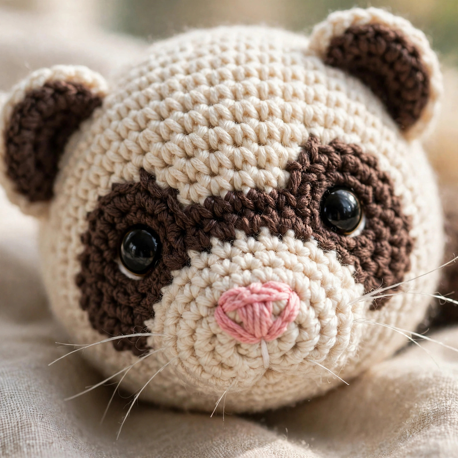 Close-up of a crochet ferret face showing dark eye patches, small round ears and a pink stitched nose
