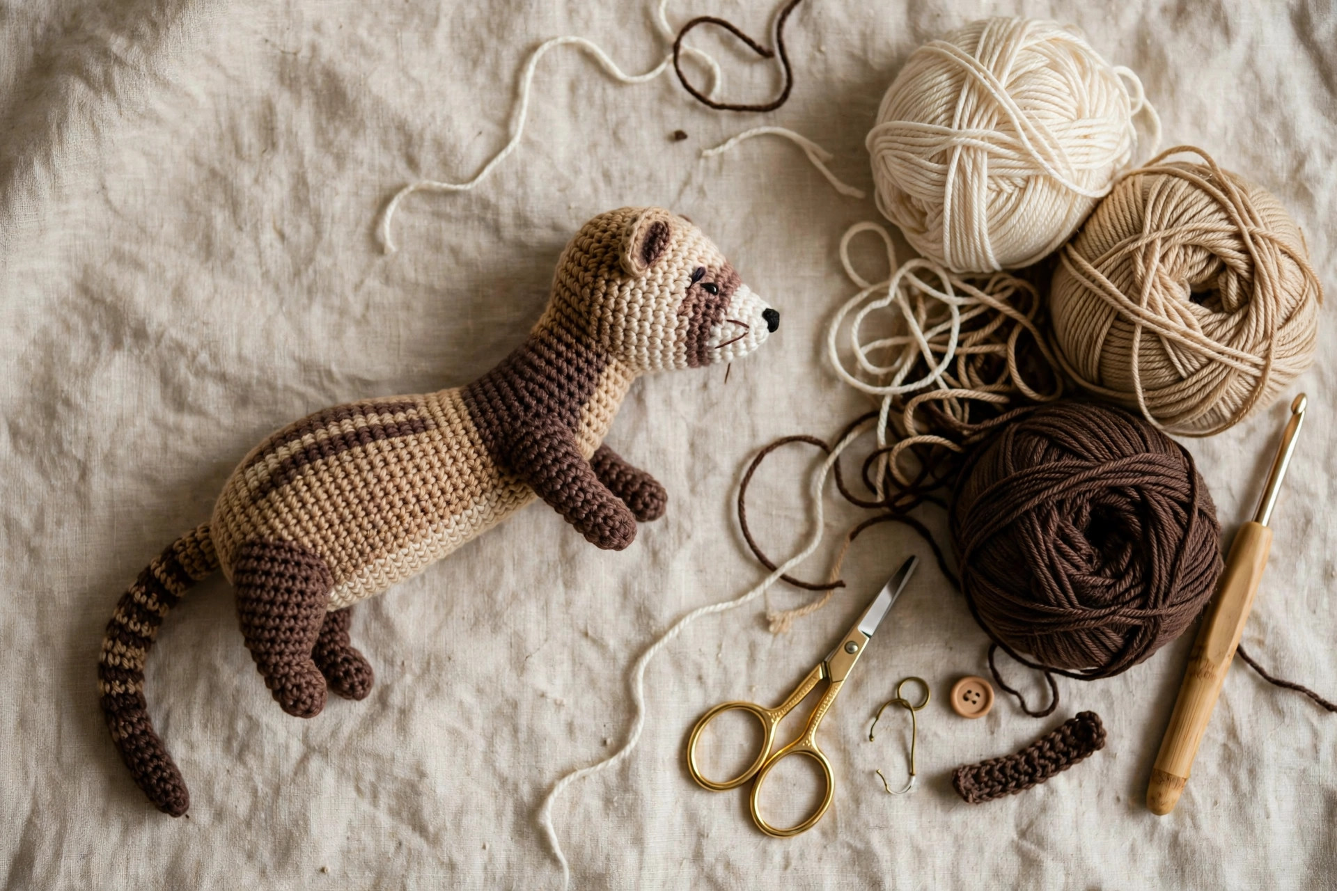Overhead flat lay of a finished crochet ferret with balls of cream, tan and dark brown yarn, a crochet hook and scissors