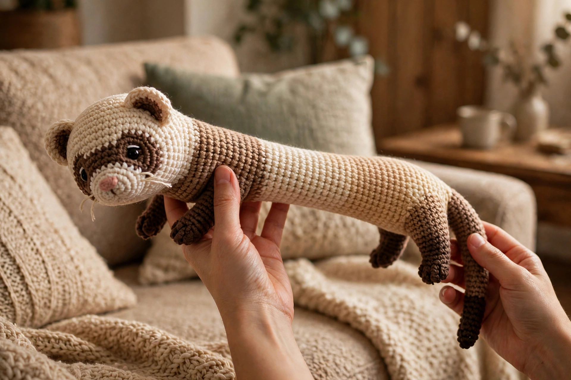 Crochet ferret plush held gently in two hands showing its long stretchy body and sweet masked face