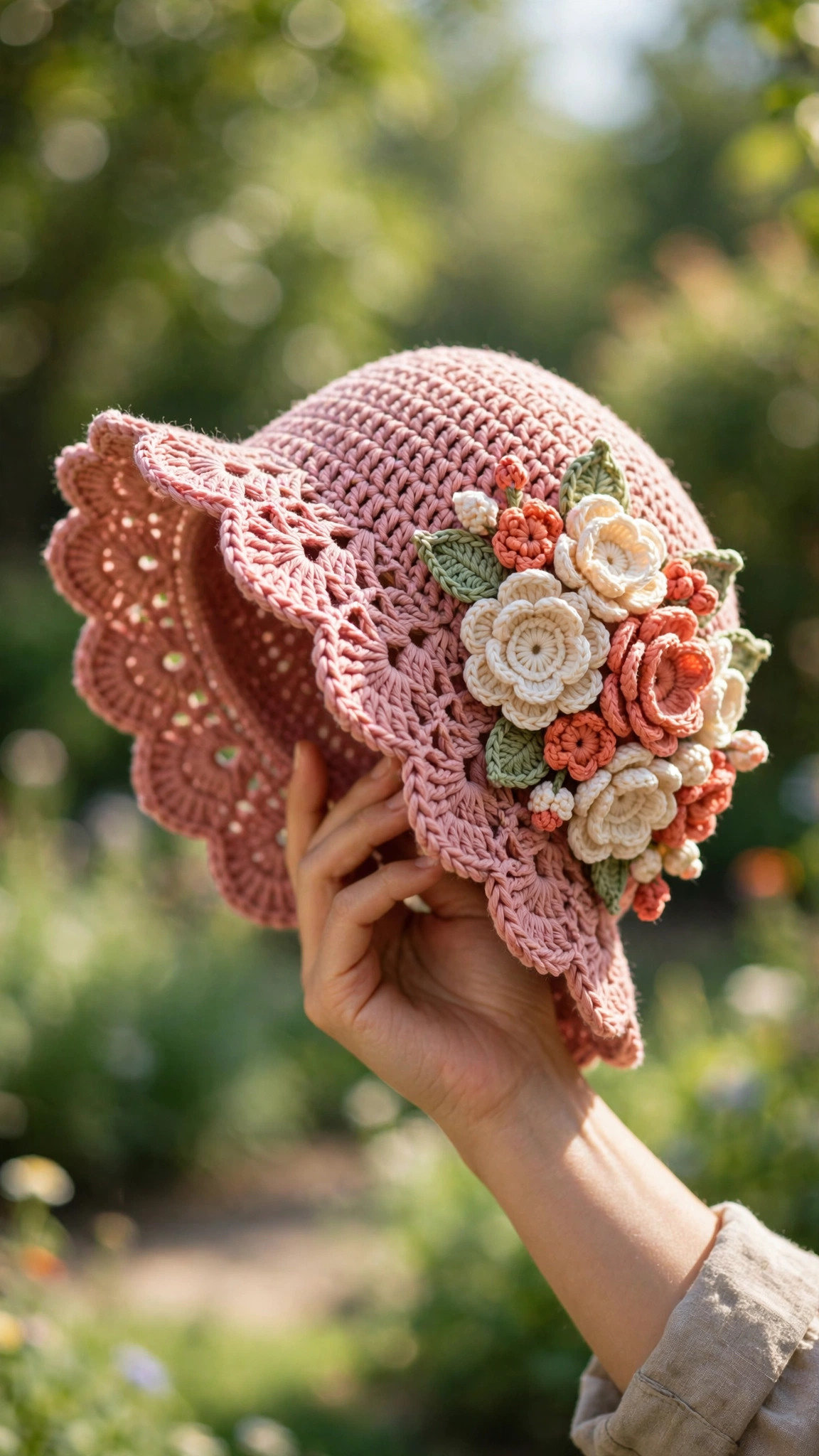 Dusty rose crochet flower hat with cream and coral flowers held against a sunny garden background — free pattern