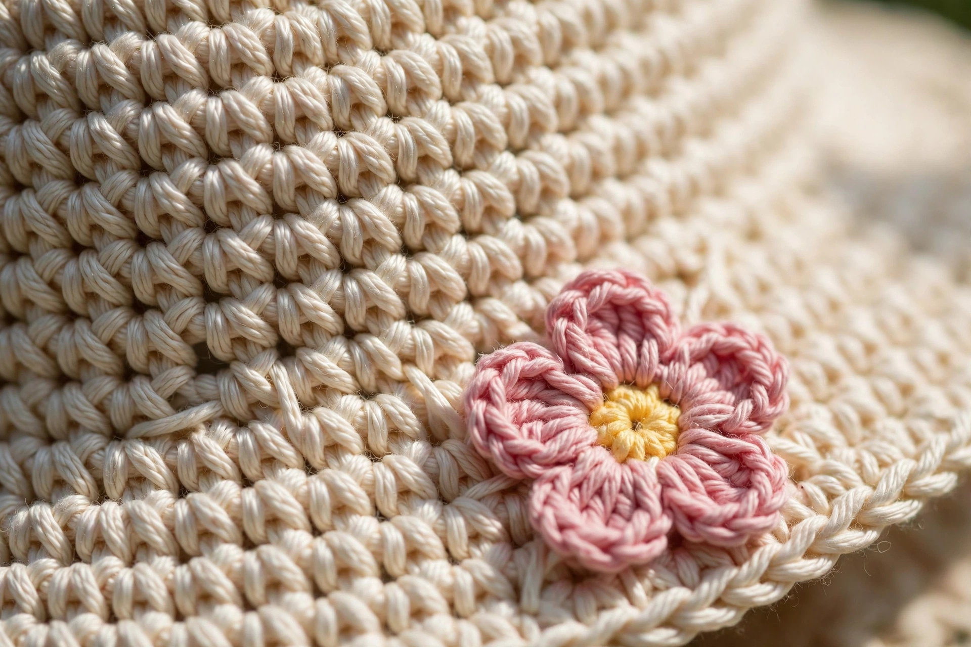 Close-up detail of neat double crochet stitches and a small pink five-petal crochet flower sewn onto a cream hat brim