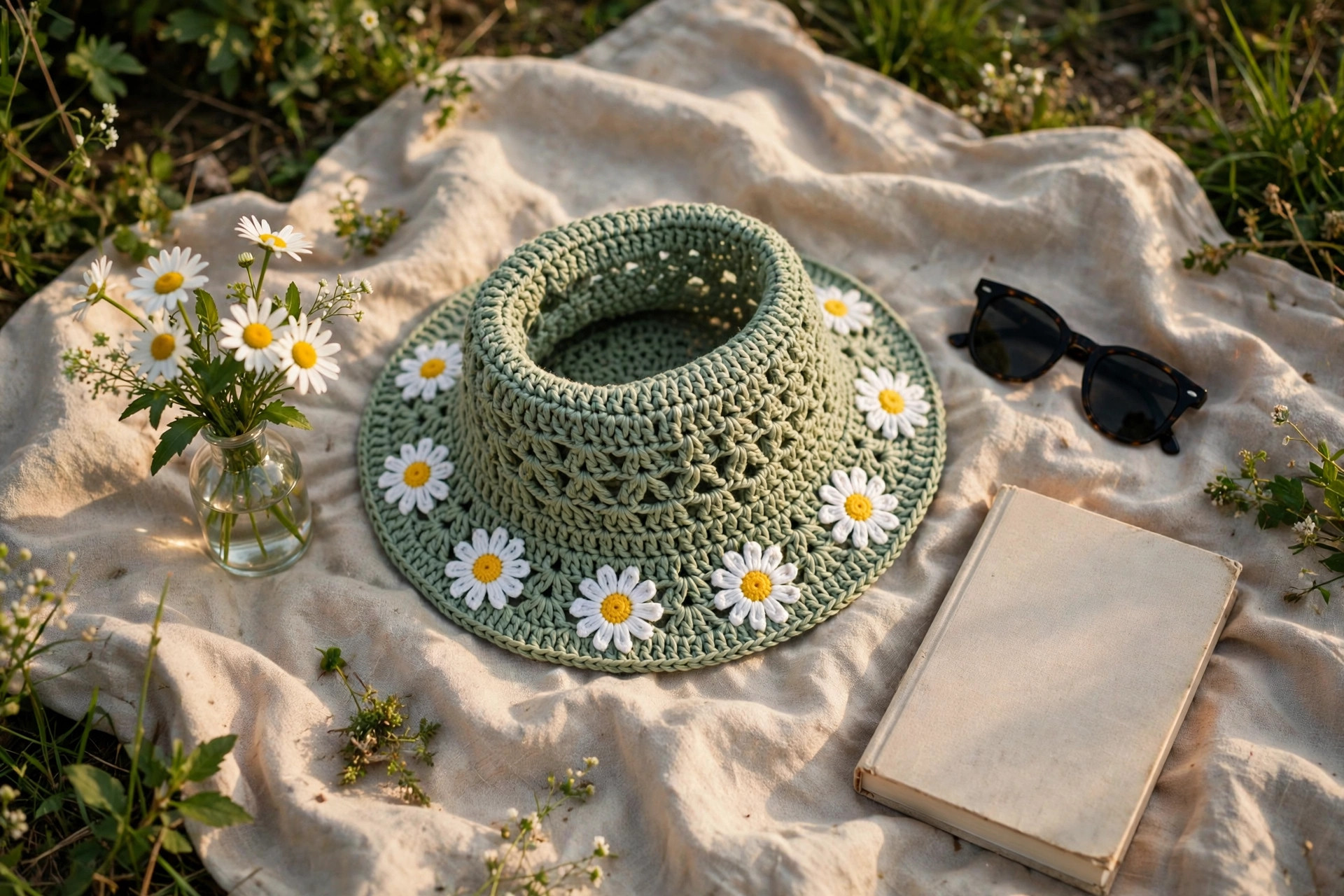 Sage green crochet flower hat with white daisy appliques styled on a picnic blanket with a book and fresh daisies