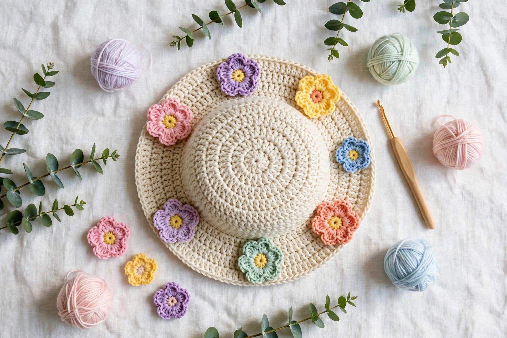 Flat lay of a cream crochet flower hat surrounded by pastel yarn balls, a crochet hook and loose crochet flowers
