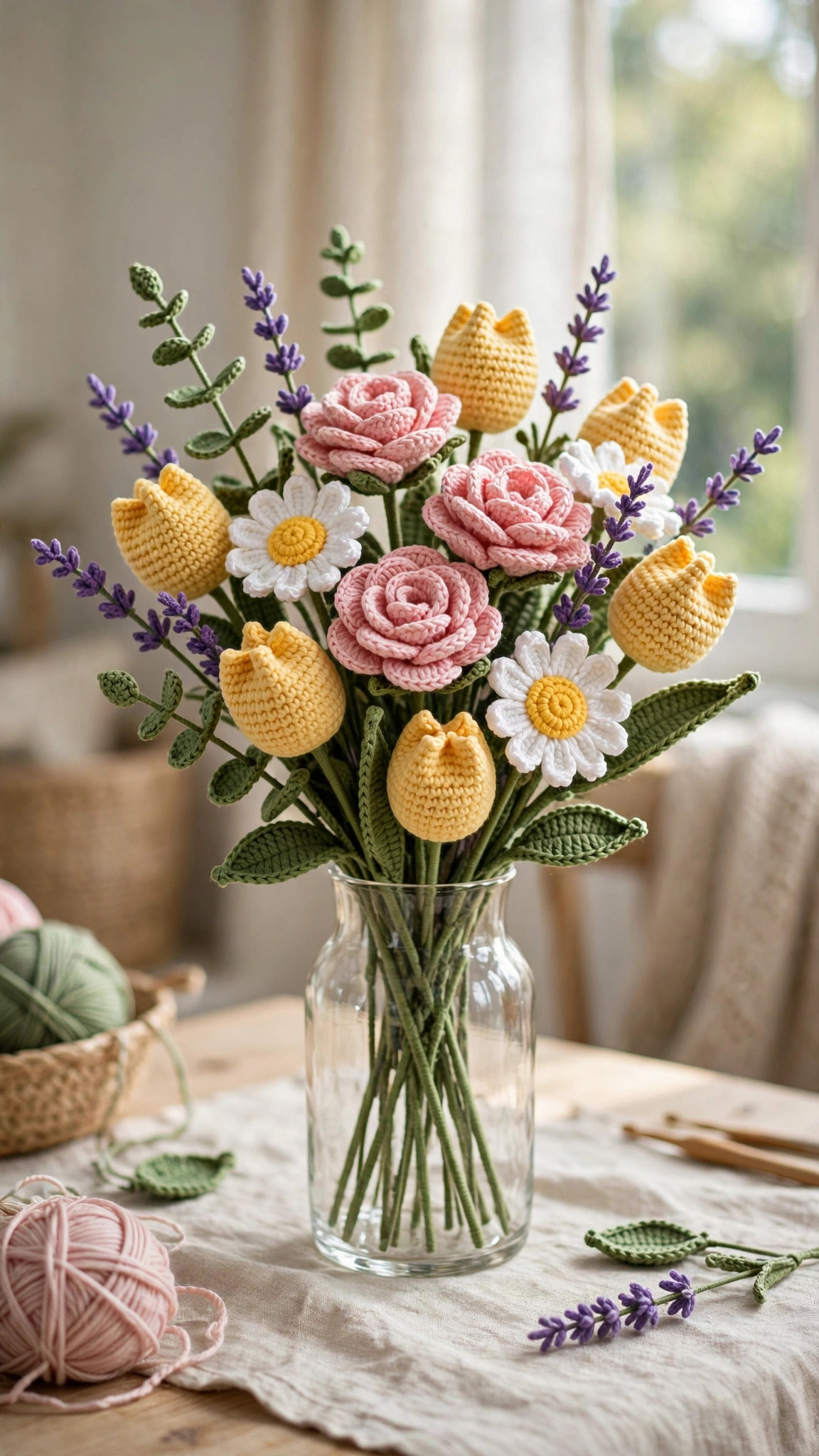 Handmade crochet flower bouquet with pink roses, yellow tulips, white daisies and purple lavender in a clear glass vase