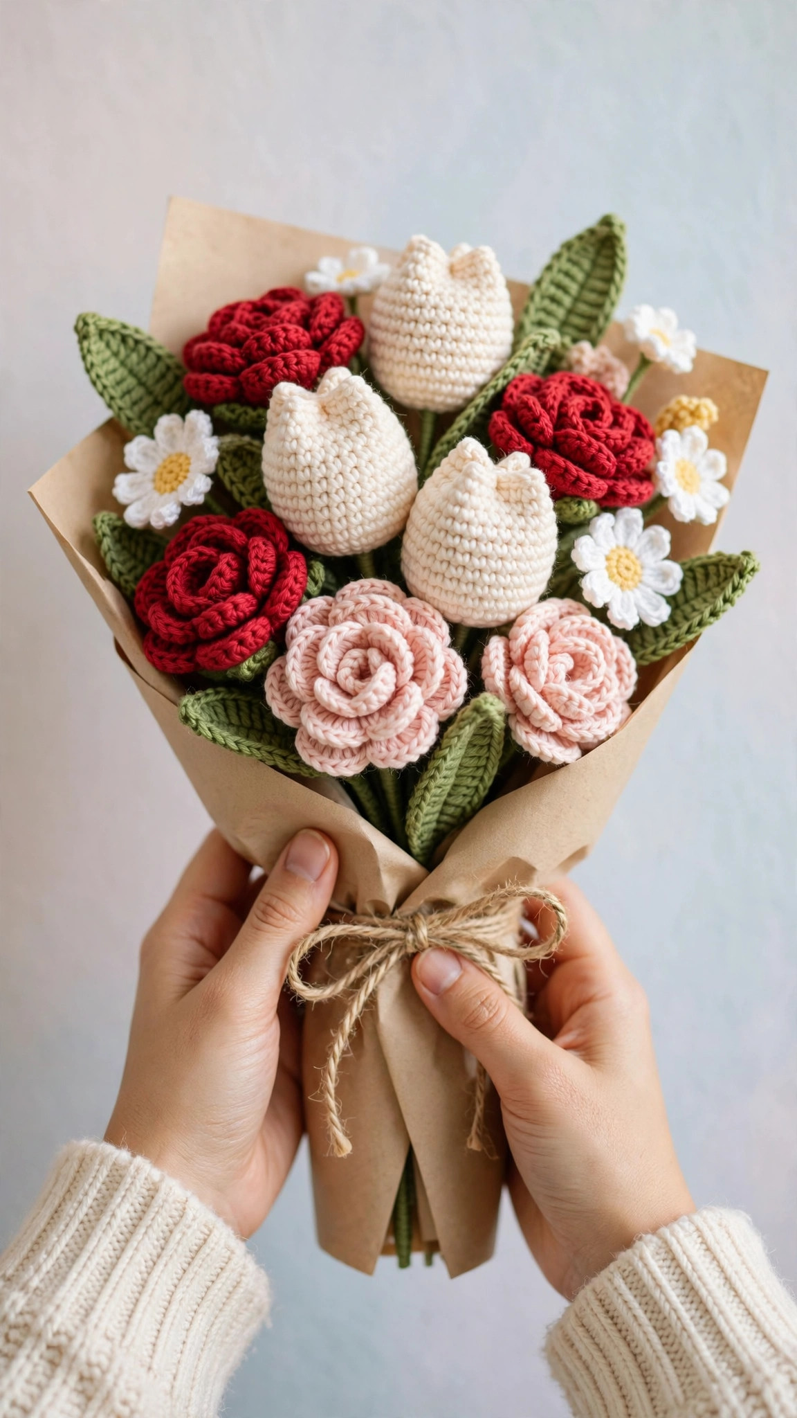 Hands holding a wrapped crochet flower bouquet of roses, tulips and daisies tied with twine in kraft paper