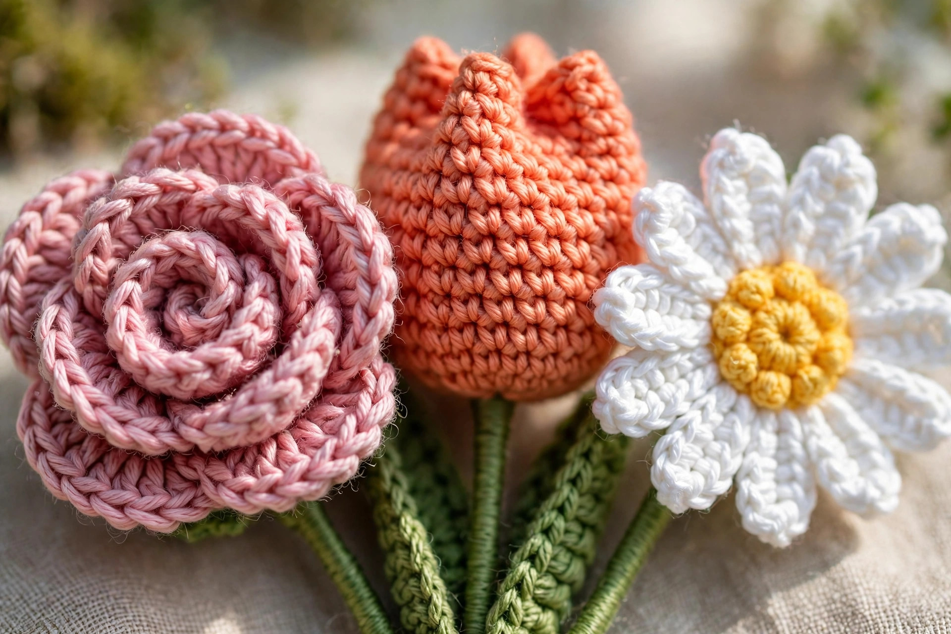 Close-up detail of crochet rose petals, tulip stitches and daisy petals showing yarn texture on a green stem