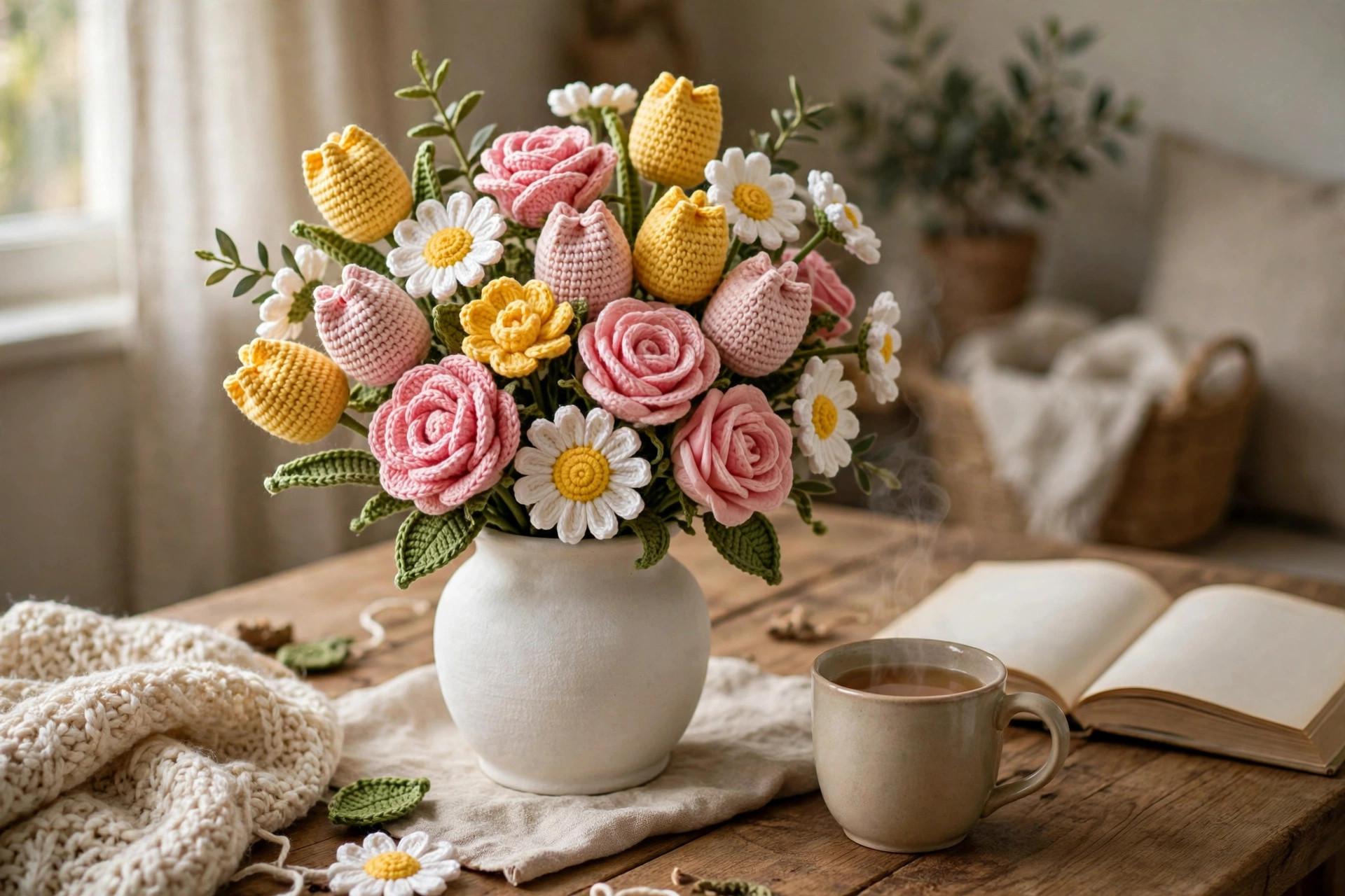 Styled crochet flower bouquet in a white ceramic vase on a wooden table with tea and a book