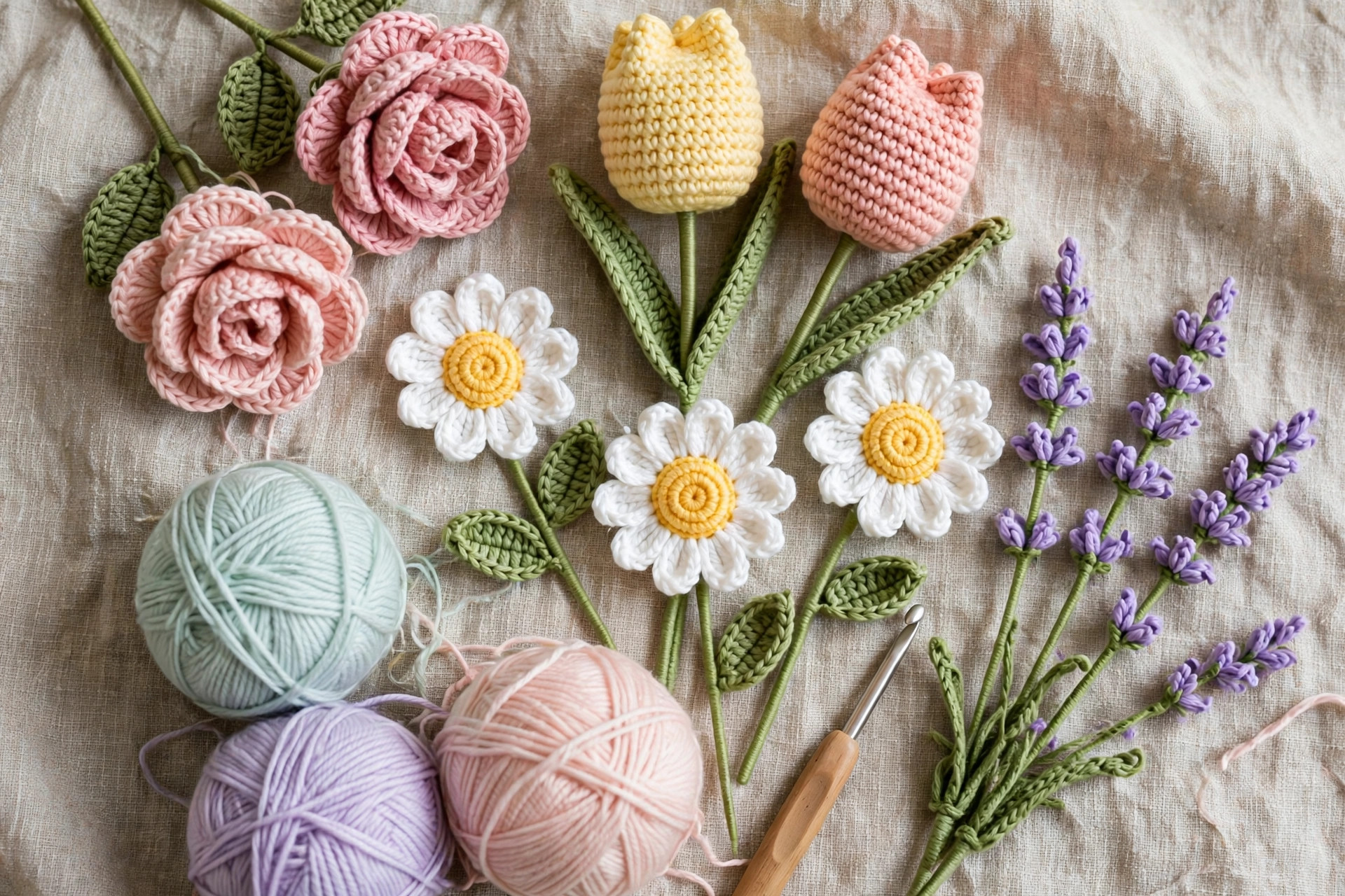 Flat lay of crochet roses, tulips, daisies and lavender with pastel yarn balls and a crochet hook on linen