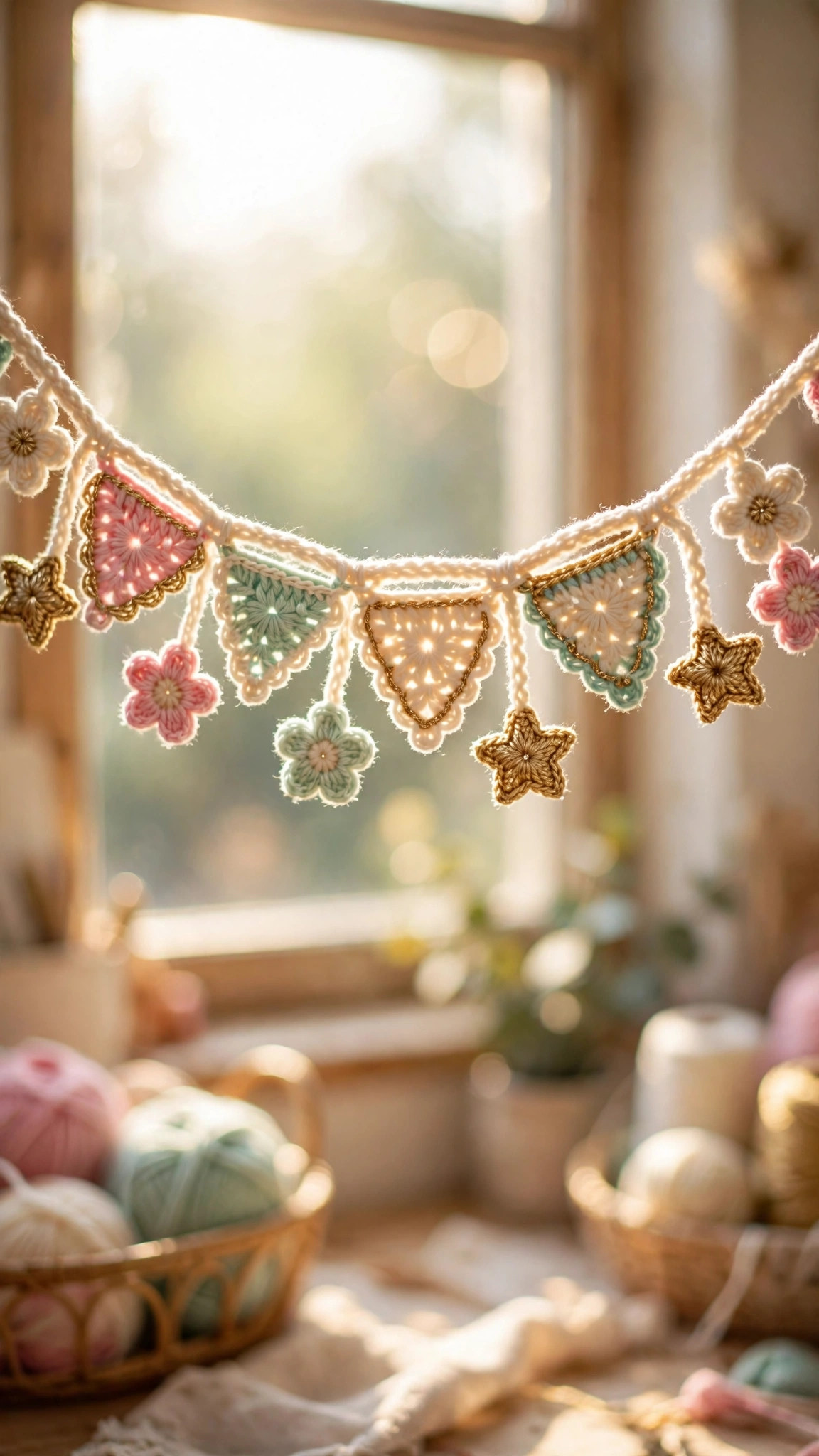 Colorful crochet bunting garland with triangle flags, flowers and star motifs hanging in front of a bright window — free crochet garland pattern