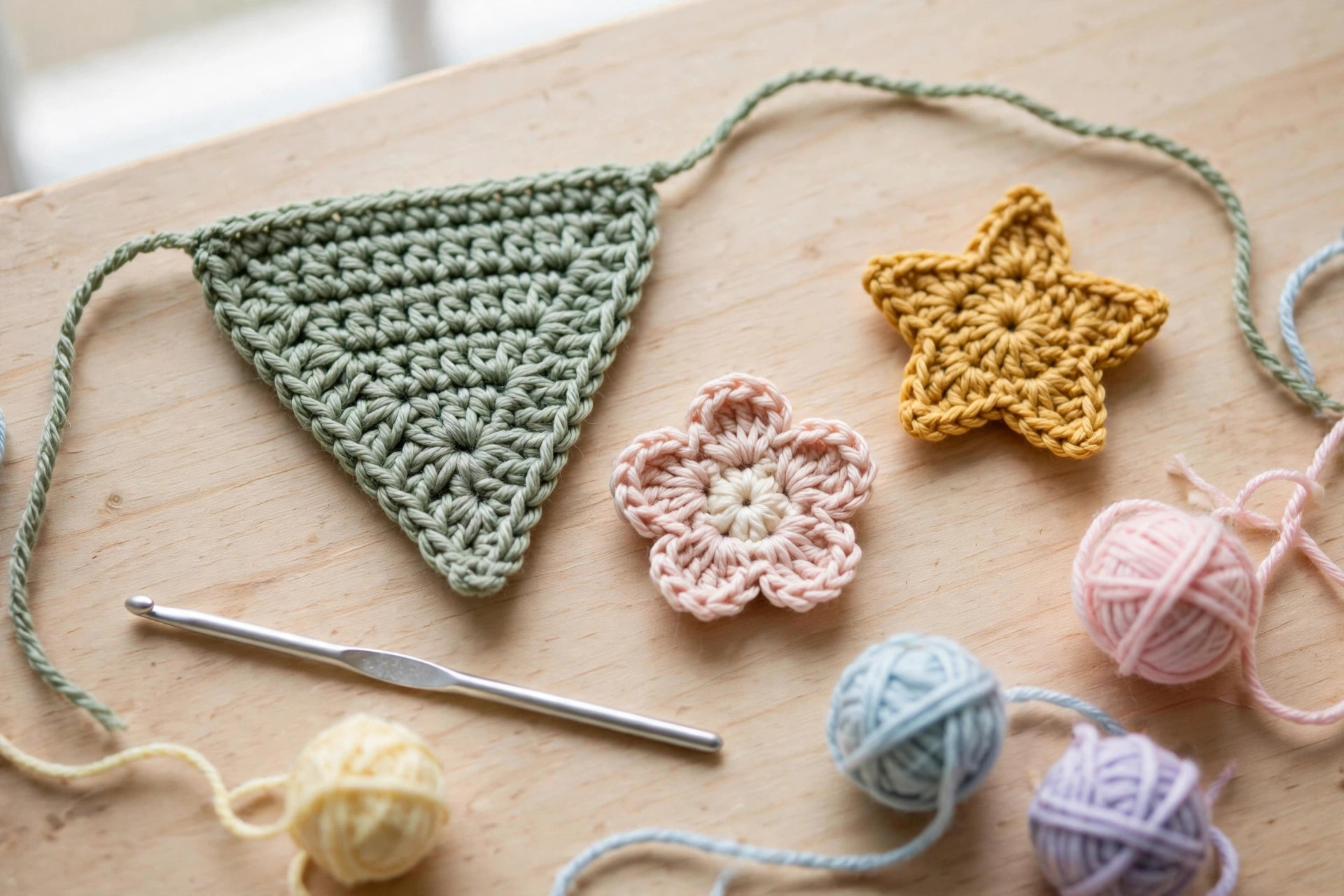 Close-up of crochet garland motifs — a sage green mini bunting flag, a blush pink five-petal flower, and a mustard five-point star — with a crochet hook and pastel yarn