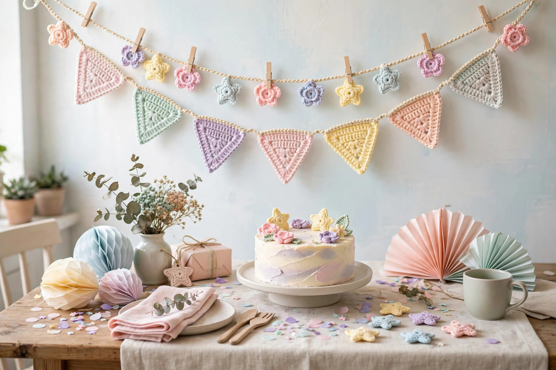 Multi-motif crochet garland with mini flags, flowers and stars decorating a pastel birthday party with cake and paper decorations