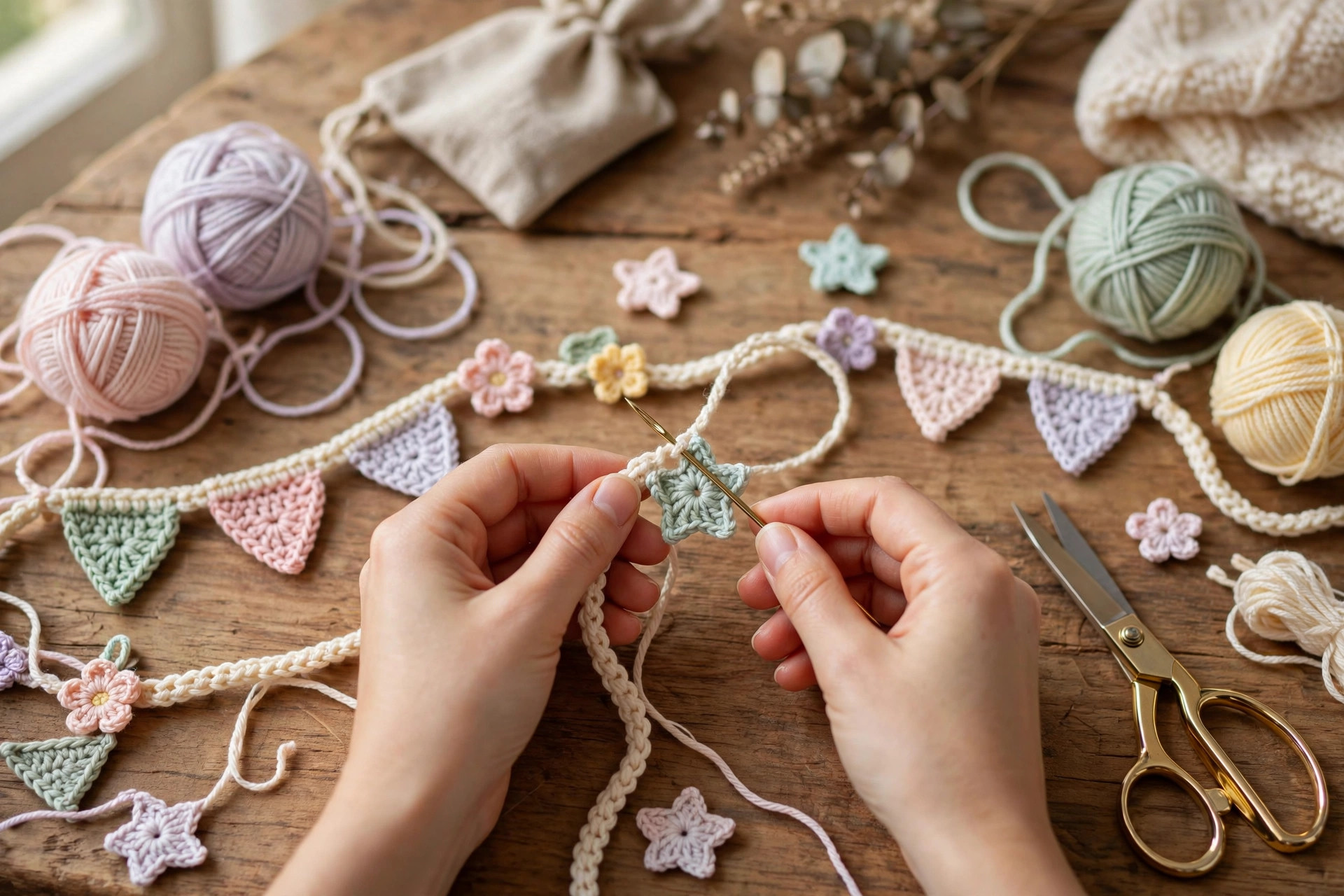 Hands threading small crochet triangle flags, tiny flowers and stars onto a long cream crocheted cord with a tapestry needle — free crochet garland pattern assembly