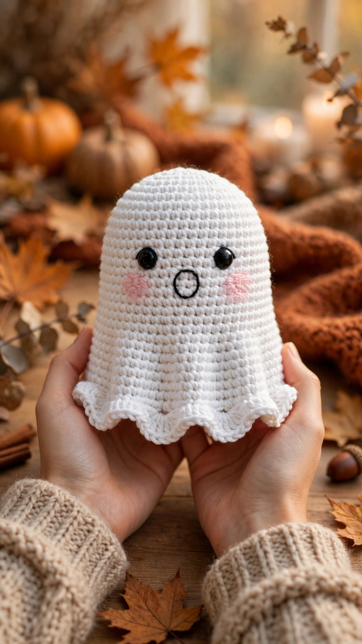 Cute crochet ghost amigurumi held in hands showing its wavy scalloped bottom edge and friendly face with pink cheeks