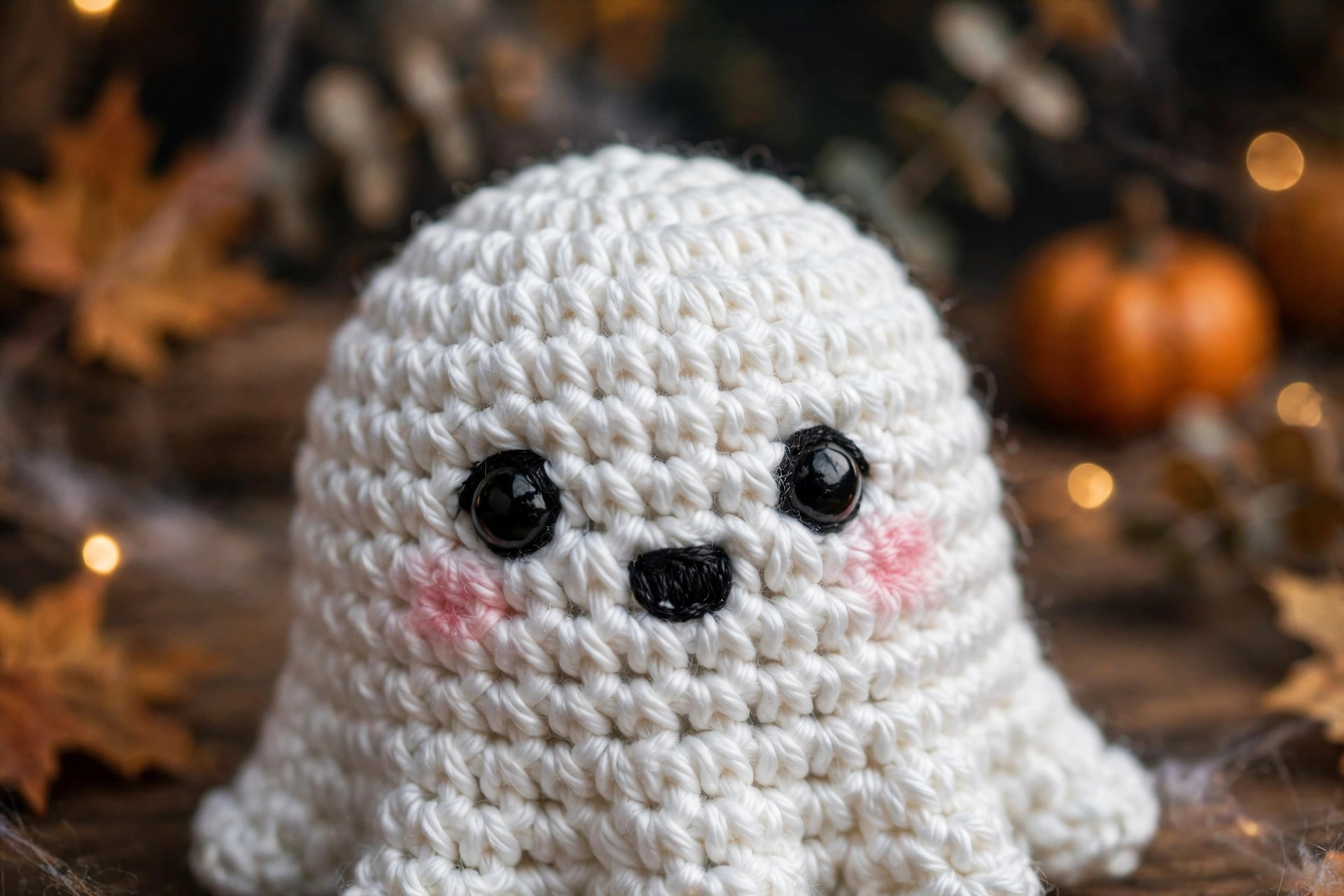 Close-up of a crochet ghost face showing black safety eyes, an embroidered oval mouth and soft pink blush cheeks on white yarn