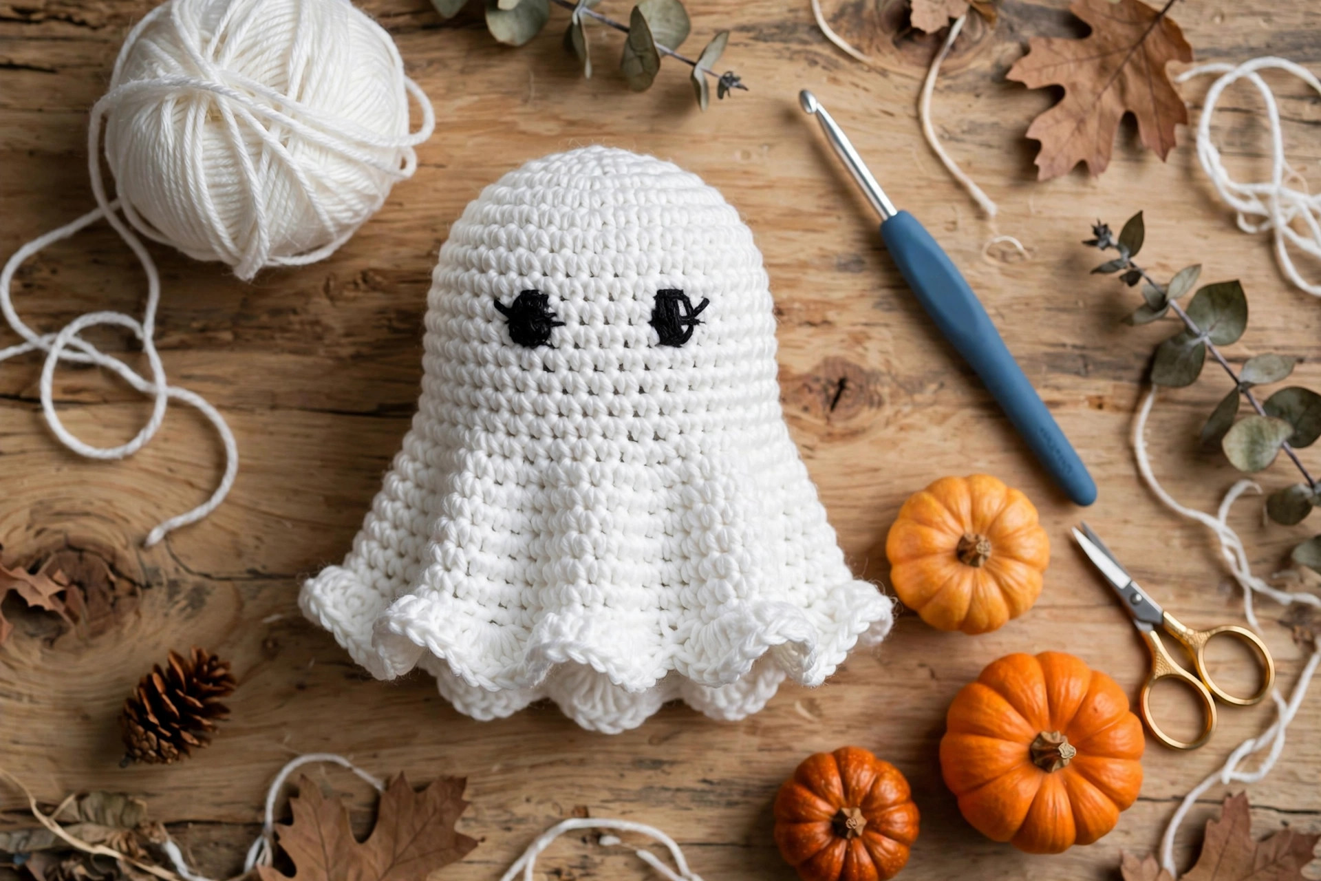 Overhead flat lay of a finished white crochet ghost with a ball of white yarn, a crochet hook, scissors and mini pumpkins