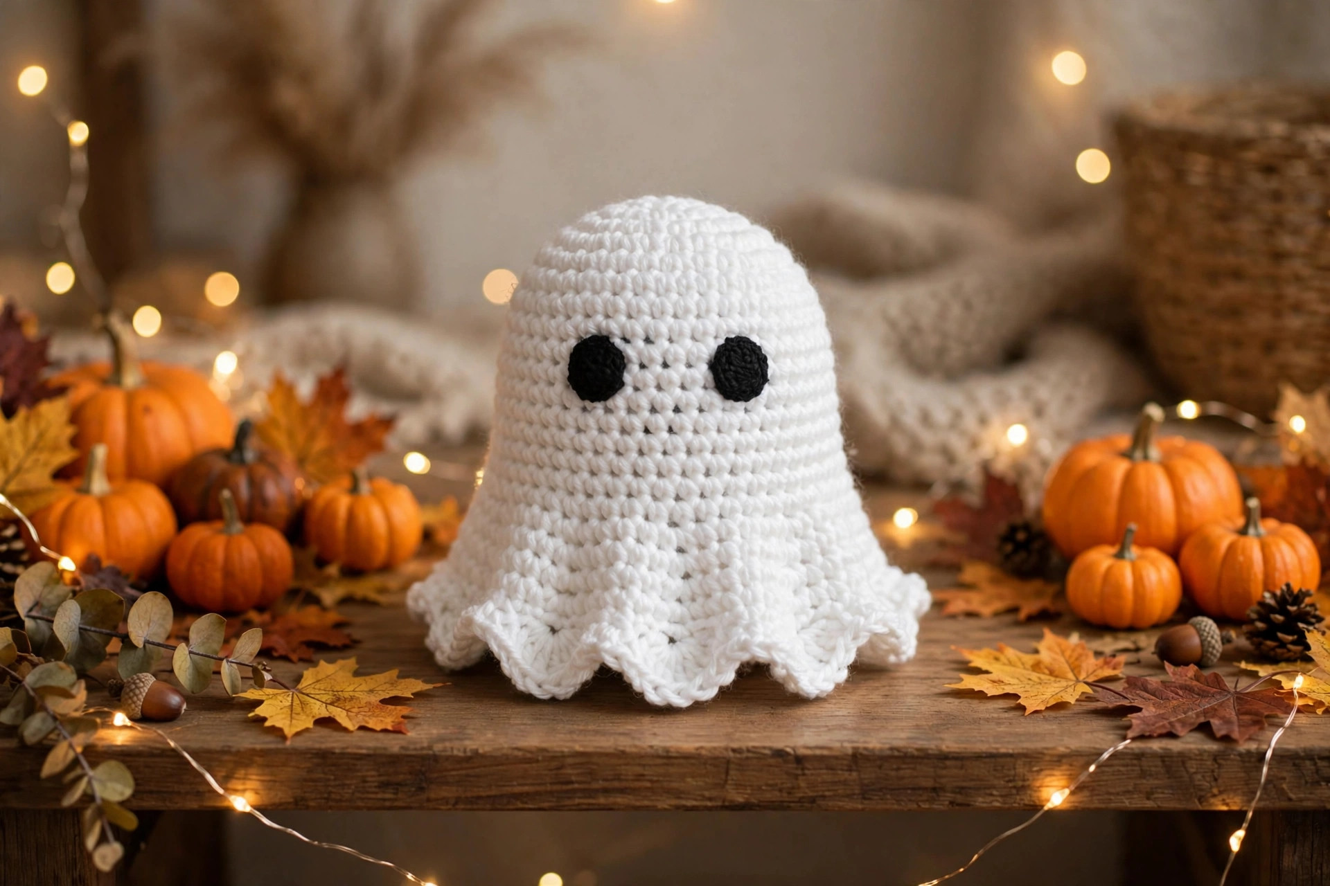 White crochet ghost amigurumi styled on a shelf with mini pumpkins, fairy lights and autumn leaves for Halloween