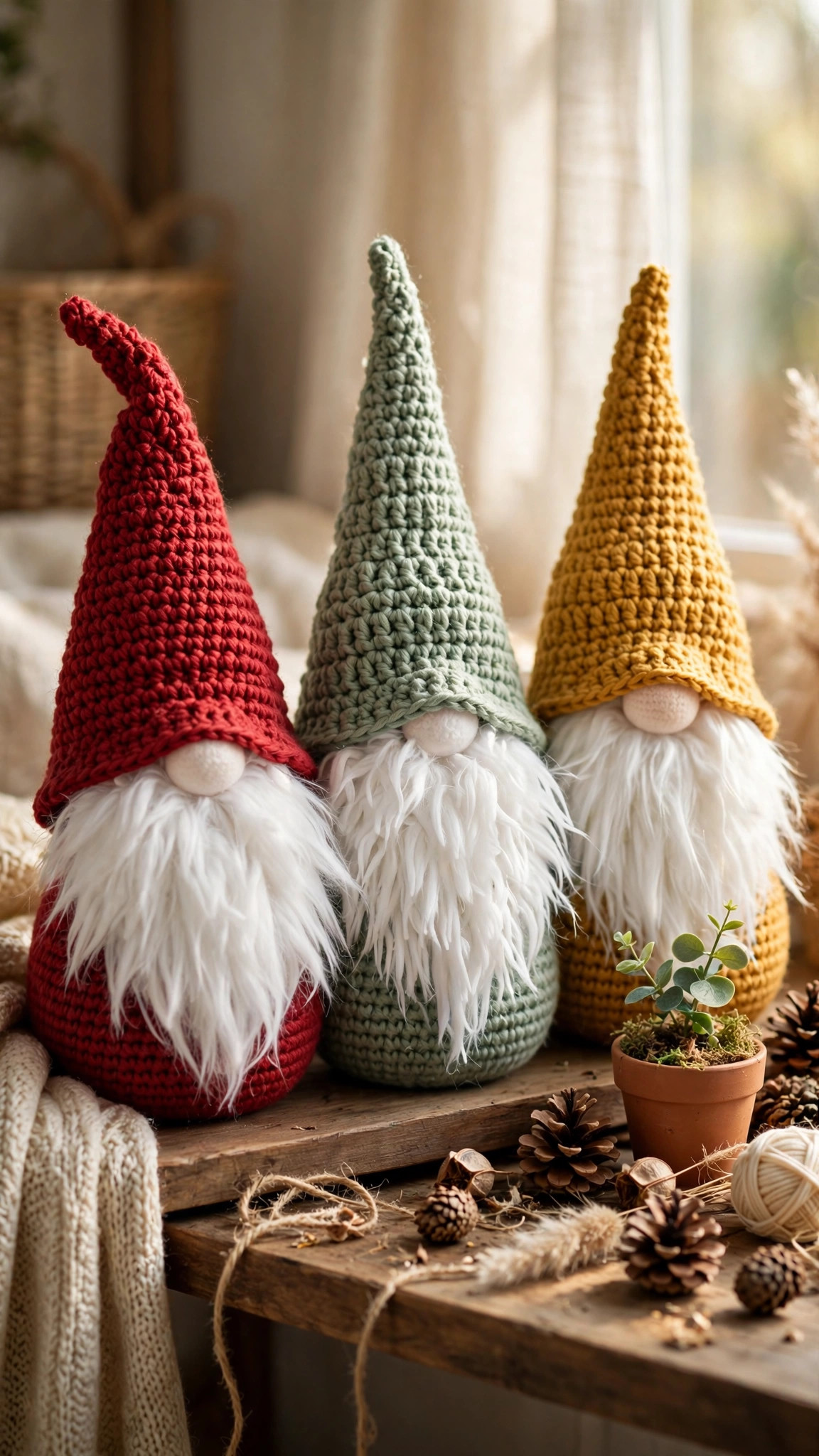 Crochet gnomes patterns free, three crocheted gnomes with tall pointy hats in red, sage green and mustard yellow