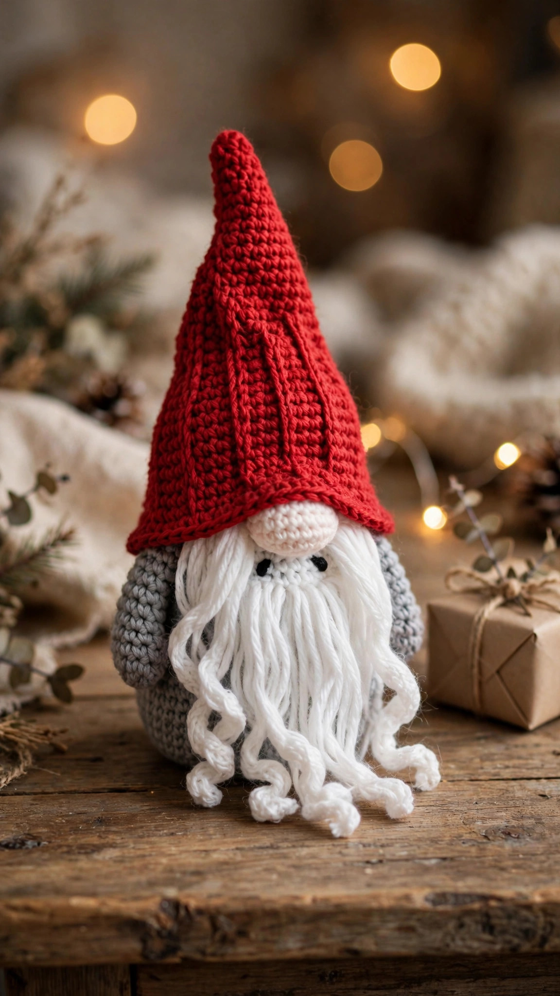 A single handmade crocheted Christmas gnome with a tall red pointy hat, long white beard and grey body, standing on a wooden table with fairy lights, crochet gnomes patterns free