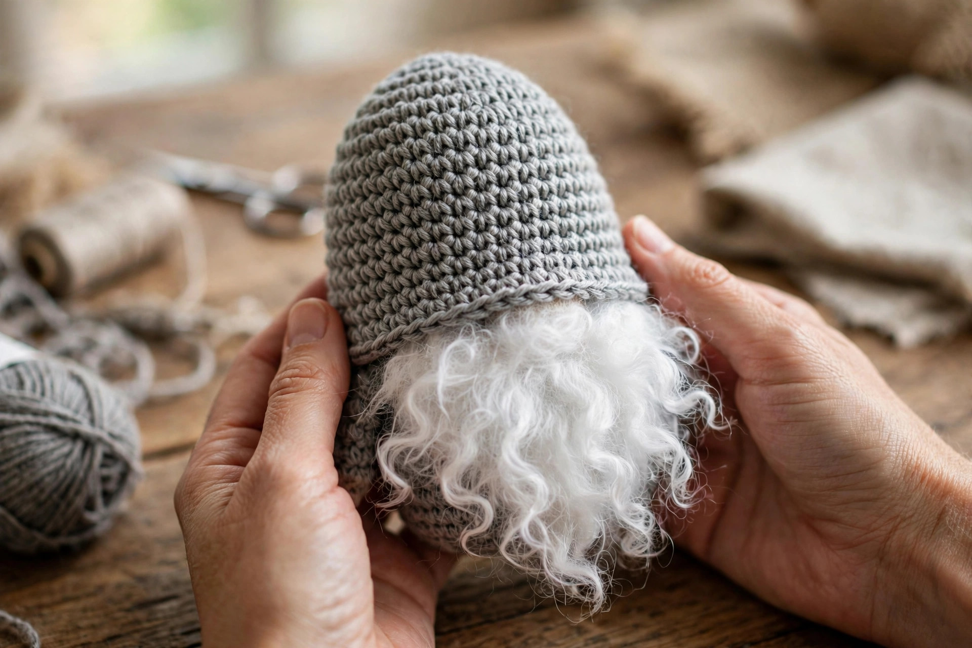 Close-up of a handmade crocheted gnome body in grey yarn showing neat single crochet stitches, with a fluffy white beard made of brushed yarn attached