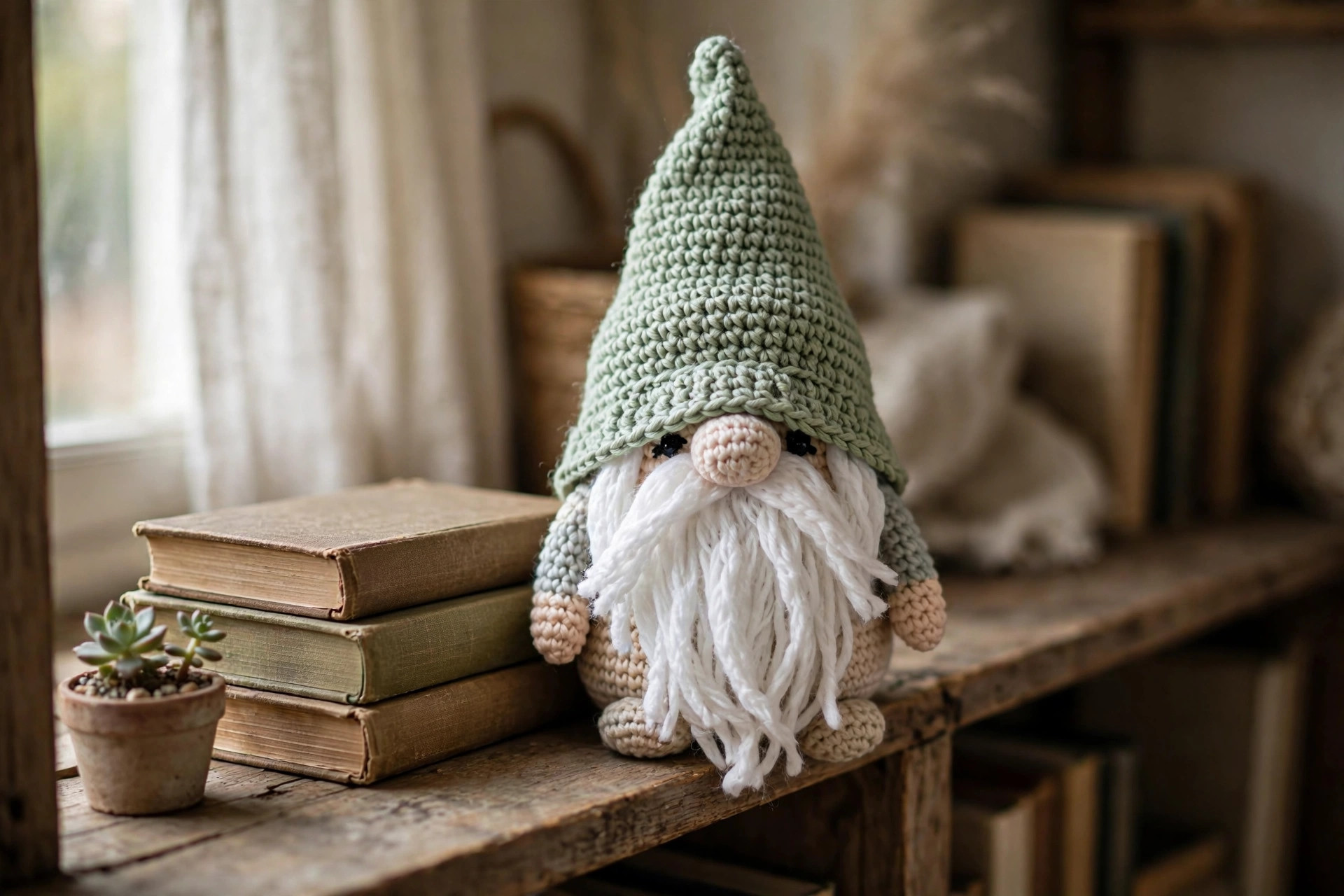A handmade crocheted gnome with a tall sage green pointy hat and long white beard sitting on a bookshelf next to books and a small potted succulent