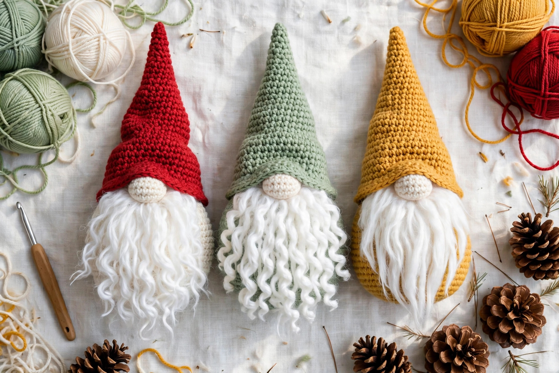 Flat lay of three finished crocheted gnomes with tall pointy hats in red, sage green and mustard yellow, long white beards and round bodies, with yarn balls and pinecones