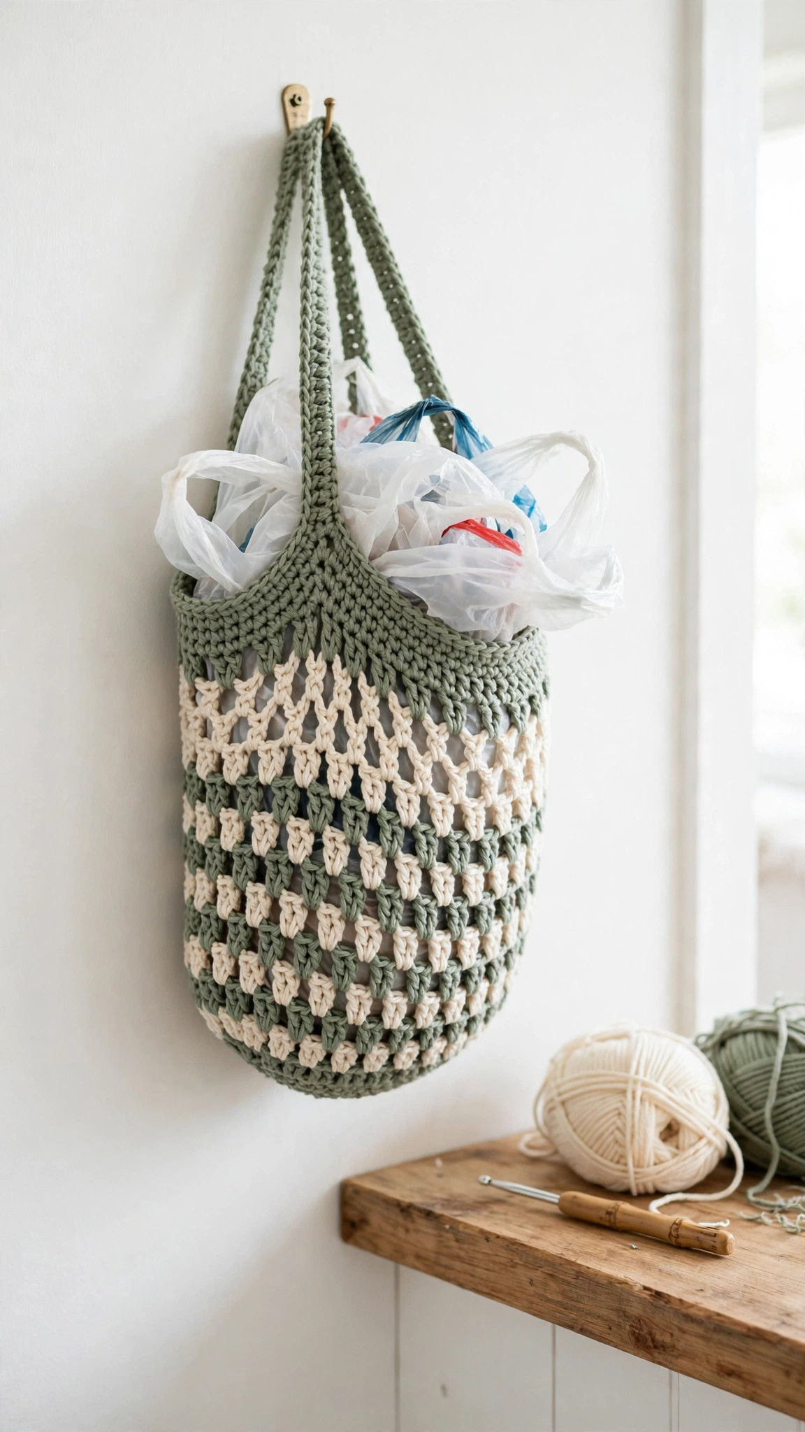 A crochet grocery bag holder in sage green and cream cotton yarn hanging on a white kitchen wall, with plastic bags tucked inside