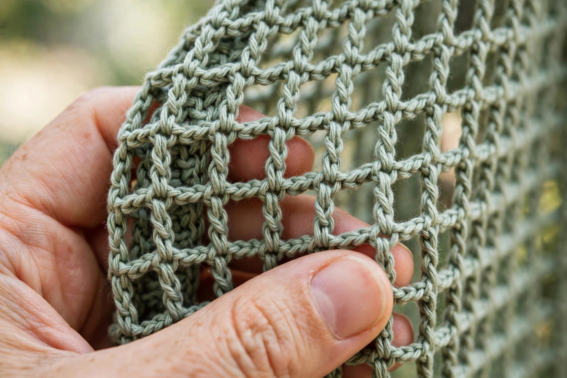Close-up of the open mesh stitches in sage green cotton yarn on a crochet grocery bag holder