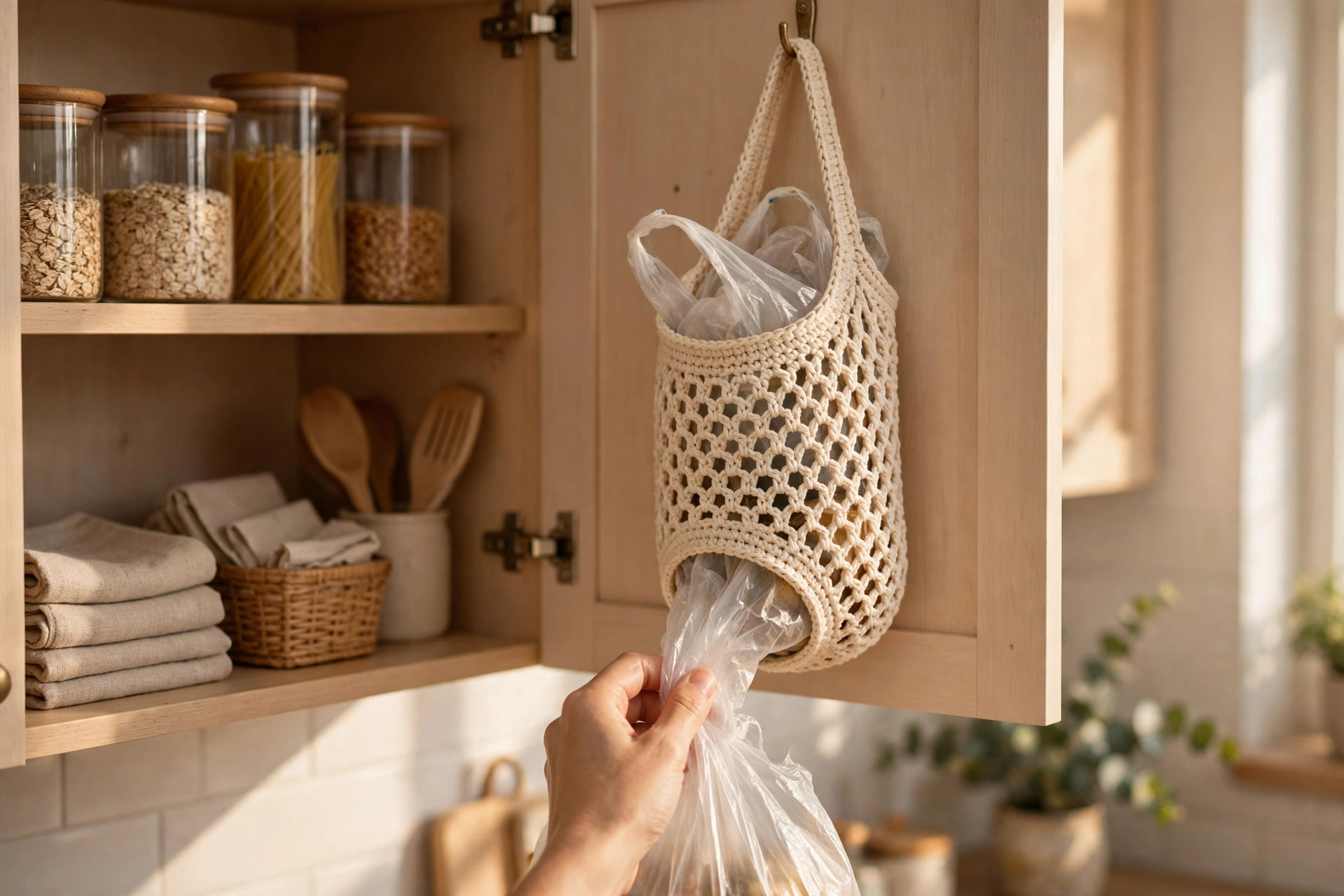 A finished crochet grocery bag holder in cream cotton yarn hanging inside a kitchen cabinet, a hand pulling a bag from the bottom opening
