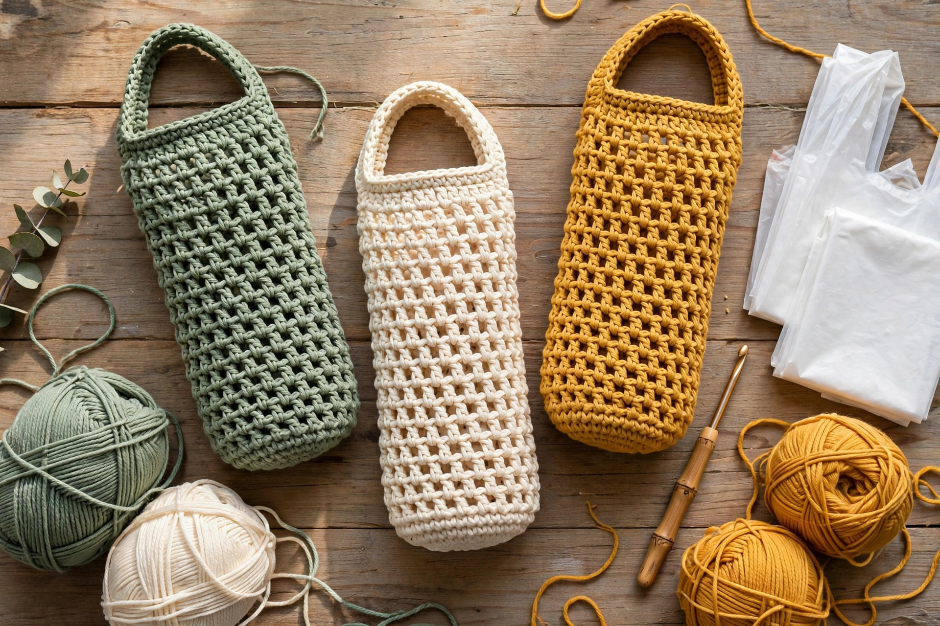 Flat lay of three finished crochet grocery bag holders in sage green, cream and mustard yellow, with yarn balls and a crochet hook