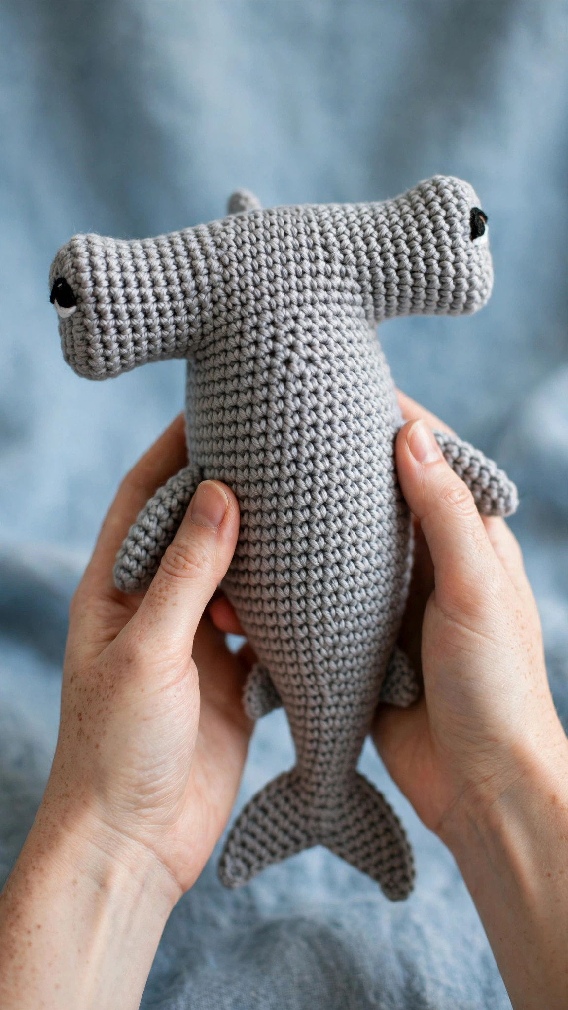 Handmade grey amigurumi hammerhead shark plush held in hands — crochet hammerhead shark pattern free